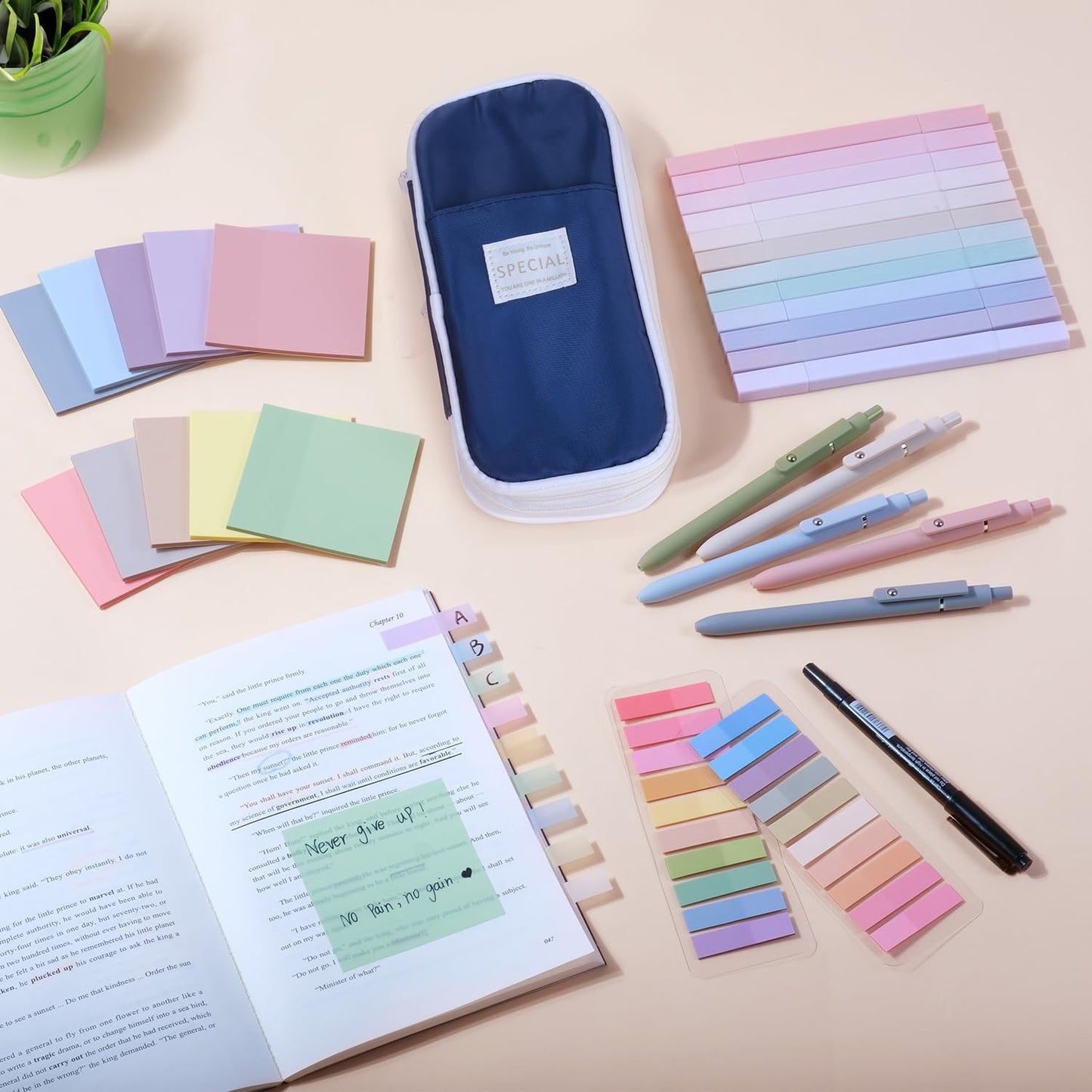KOUDGY 49Pcs Book Annotation Kit - Aesthetic School Supplies with Cute Pen Case Highlighters Gel Pens and Marker, Sheets Transparent Index Tabs Sticky Notes Bible Study Supplies(Dark Blue)