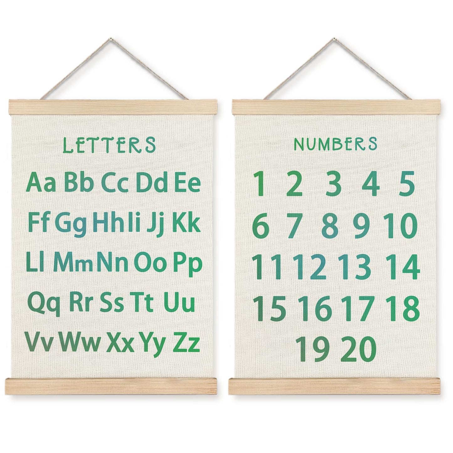 Supwhd Classroom Wall Decor, Numbers and Alphabet Educational Wall Art Poster, Alphabet ABC Numbers from 1 to 20 Poster Wall Decor for Toddler Kids Room Playroom Classroom, 12x16 Set of 2（Green）