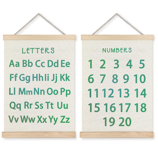 Supwhd Classroom Wall Decor, Numbers and Alphabet Educational Wall Art Poster, Alphabet ABC Numbers from 1 to 20 Poster Wall Decor for Toddler Kids Room Playroom Classroom, 12x16 Set of 2（Green）