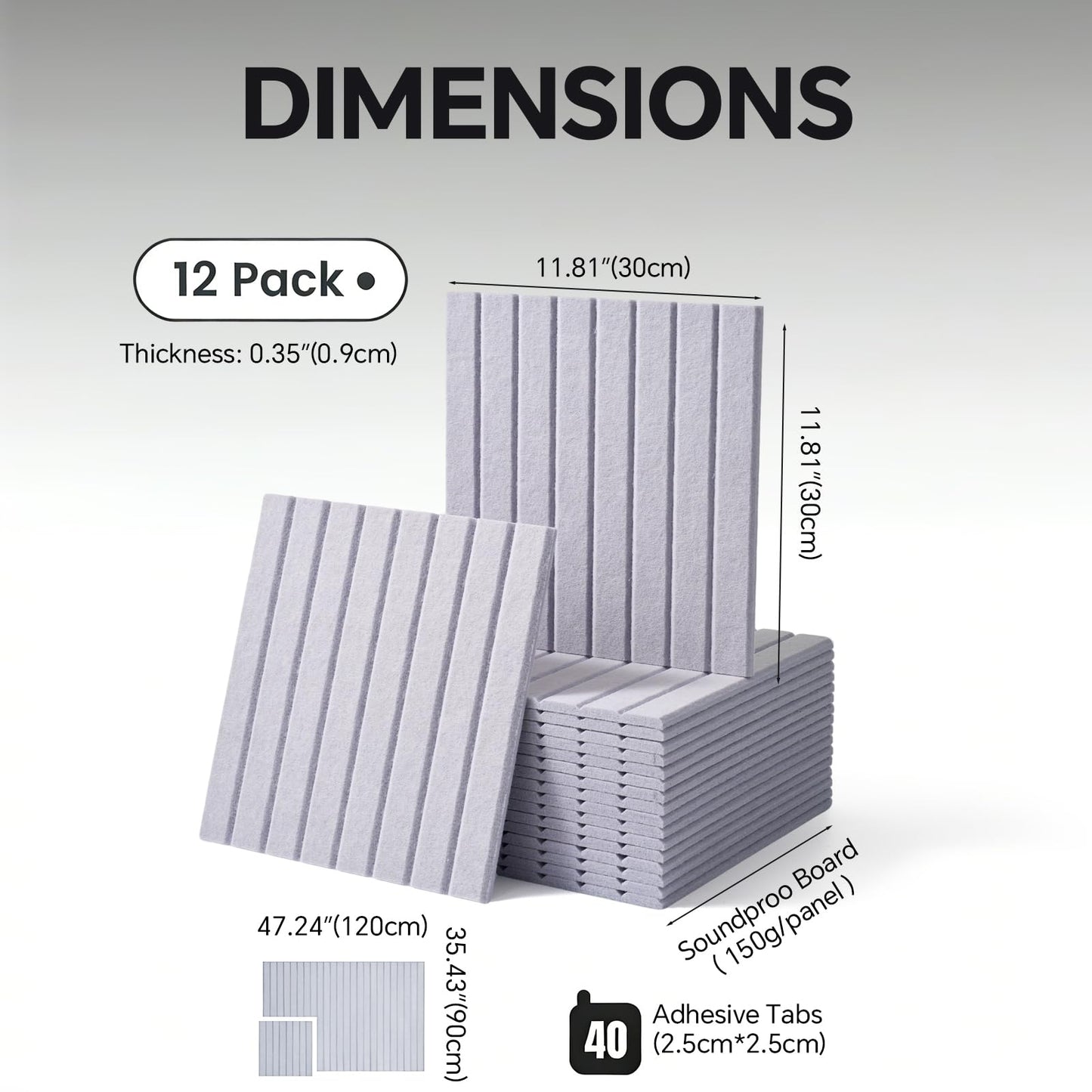 Slat Felt Wall Tiles (12 Pack) - 11.8"x11.8" Self-Adhesive Bulletin Board for Wall, Acoustic Panels for Sound Dampening, Modern Black Pin Board, Home Office Decor (30x30cm)
