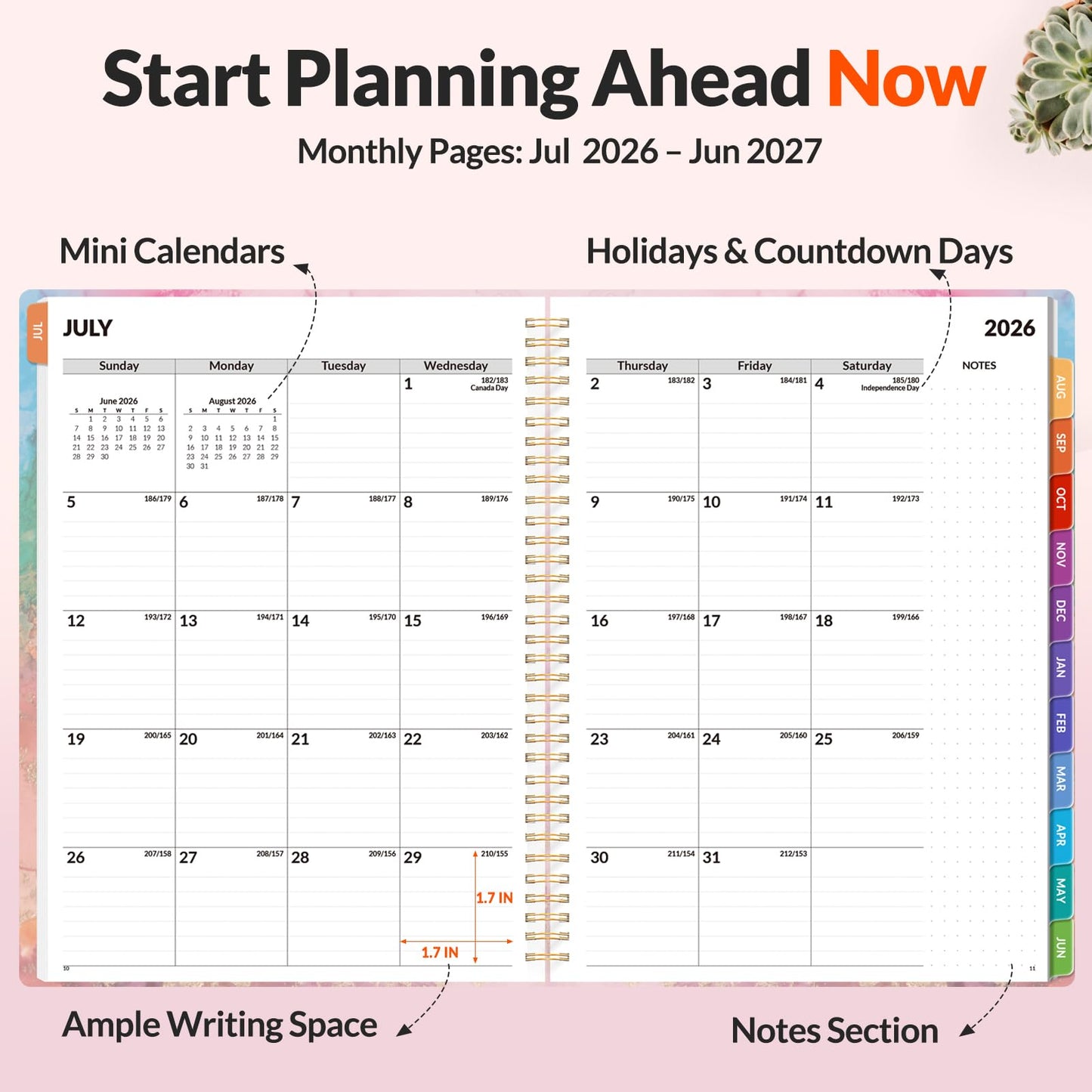 SUNEE Academic Planner 2026-2027 – Weekly & Monthly Planner, July 2026 to June 2027, 8.5"x11", Thick Paper, Tabs, Pockets, Bookmark, Spiral-Bound, Student Teacher Organizer, Marble