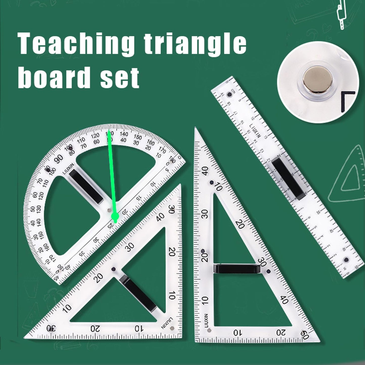 Magnetic Geometry Tool, Protractor, Triangle Rulers Easy Attachment Blackboard Measurement Kit, Teacher Board Protractor Multi-Purpose Kit Large (Transparent-2pc)