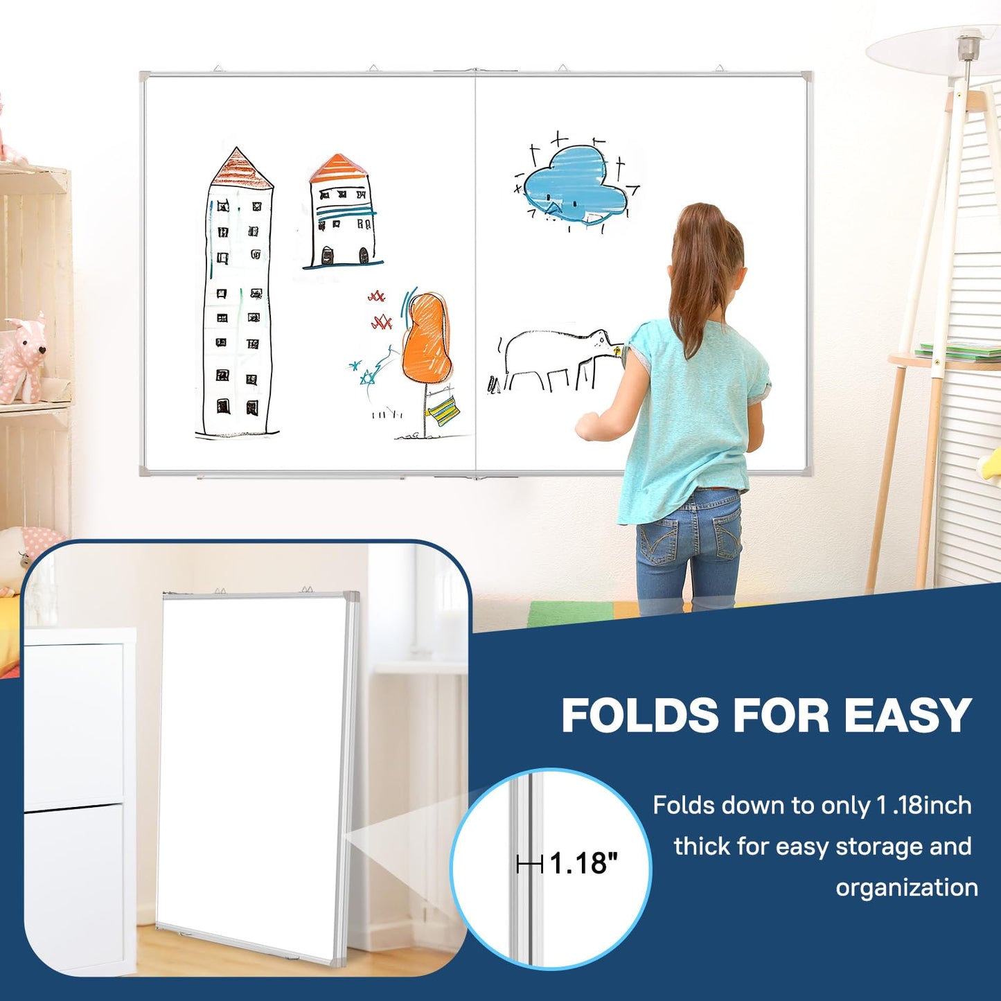 WALGLASS Large White Board Dry Erase Board, 60" x 36" Double-Sided Foldable Dry Erase Board for Wall, Magnetic Whiteboard for Office, Home, School, Kitchen