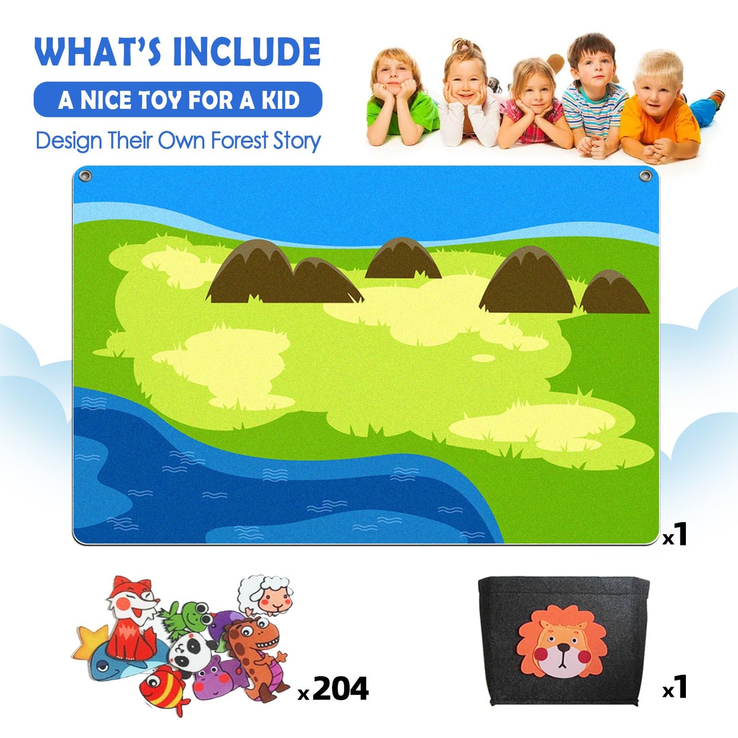 SKOLESK 204Pcs Animals Felt Busy Board Story Set with Storage Bag Preschool Large Wall Storyboard Forest Themed Early Learning Interactive Play Kit Wall Hanging Gift for Toddlers Kids 40 X 28 Inch