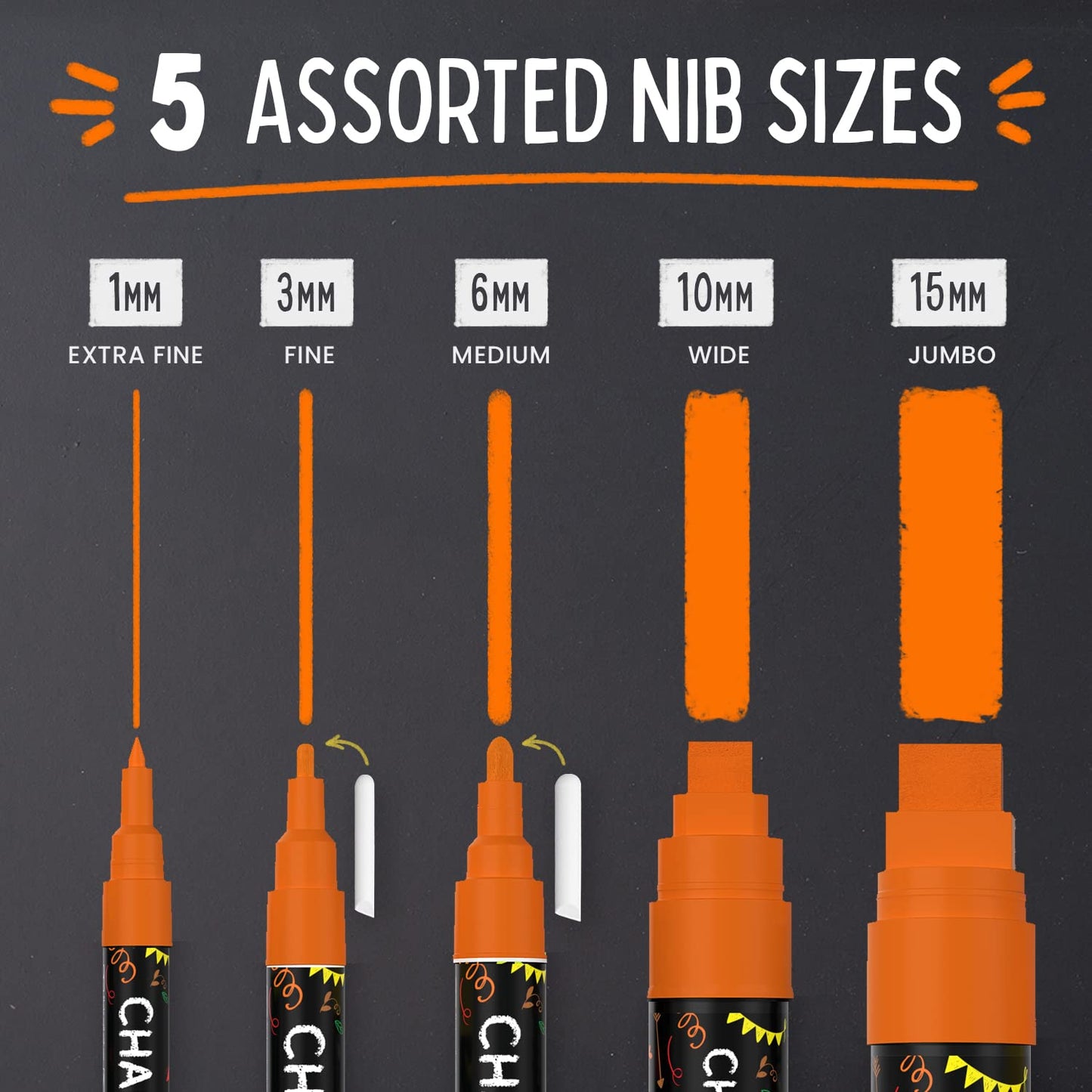 5 Orange Chalkboard Chalk Markers - Orange Dry Erase Markers for Blackboard, Chalkboard Signs, Windows, Glass | Variety Pack - Fine & Jumbo Size Ink Pen (1mm, 3mm, 6mm, 10mm, 15mm)