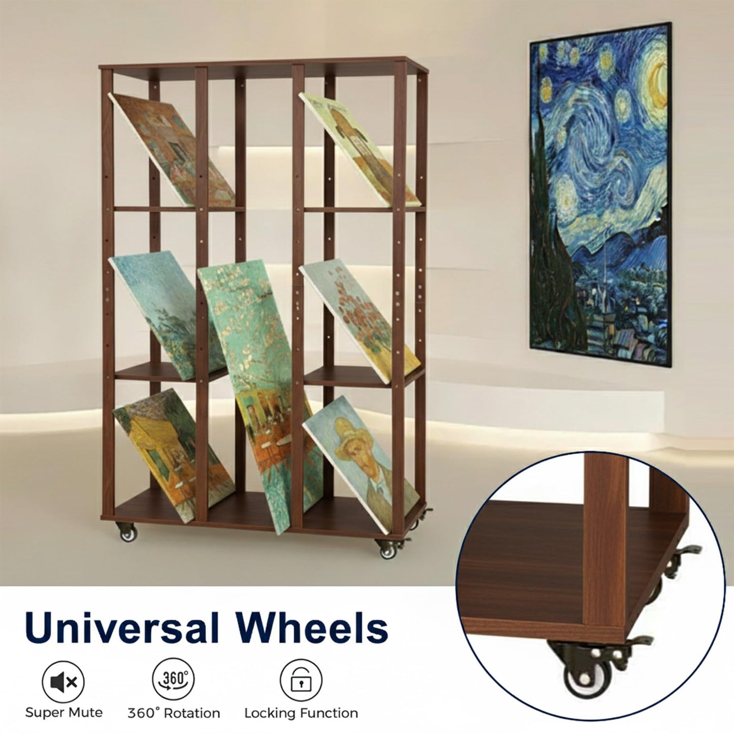 MOOFI Extra-Large Art Storage Rack with Wheels, Adjustable Display Wooden Drying Rack for Canvas, Panels, Prints and Artworks, Multi-Tier Art Organizer for Galleries, Classroom, Studios (Walnut)