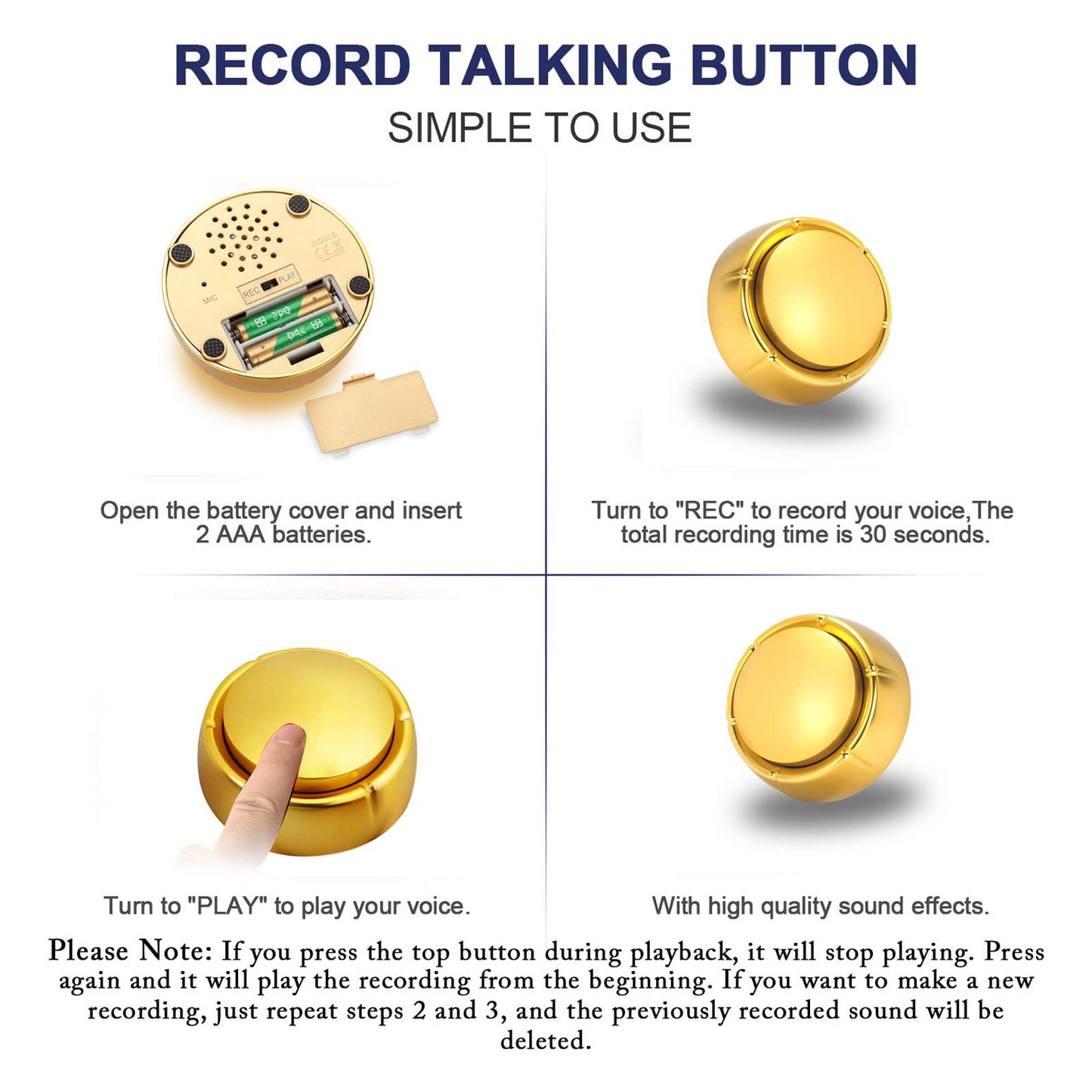 Jusocc Gold Recordable Button - Easy 30 Sec Talking Button Easy Button Answer Buzzers Custom Sound Button for Dogs Training Classroom Study Office Home Game