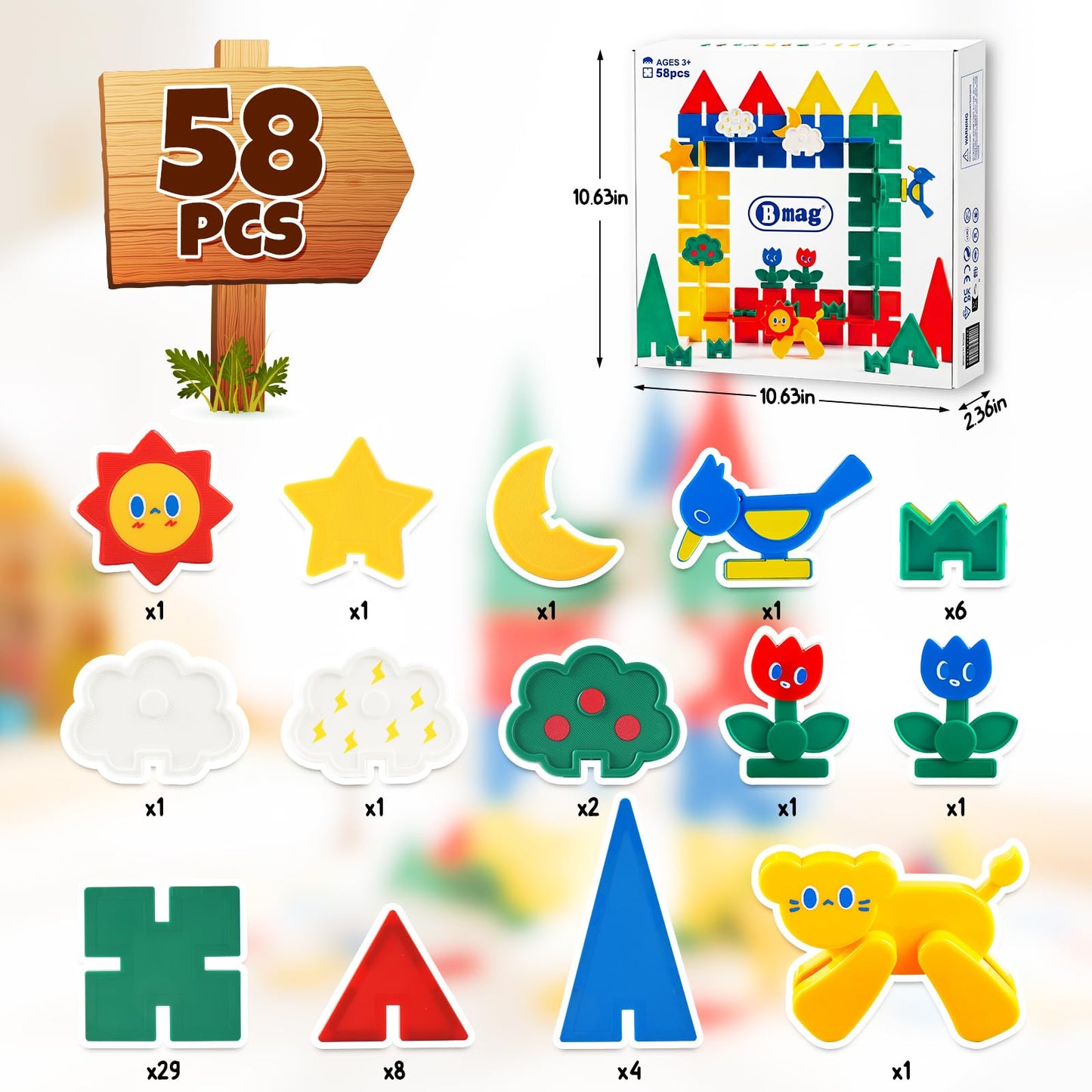 Bmag Magnetic Tiles 58PCS,Groove Interlocking Design Magnet Building Blocks with Lion, Sun,Cloud & Grass,STEM Toys for Toddlers 3+, Preschool Learning Gift for Boys & Girls