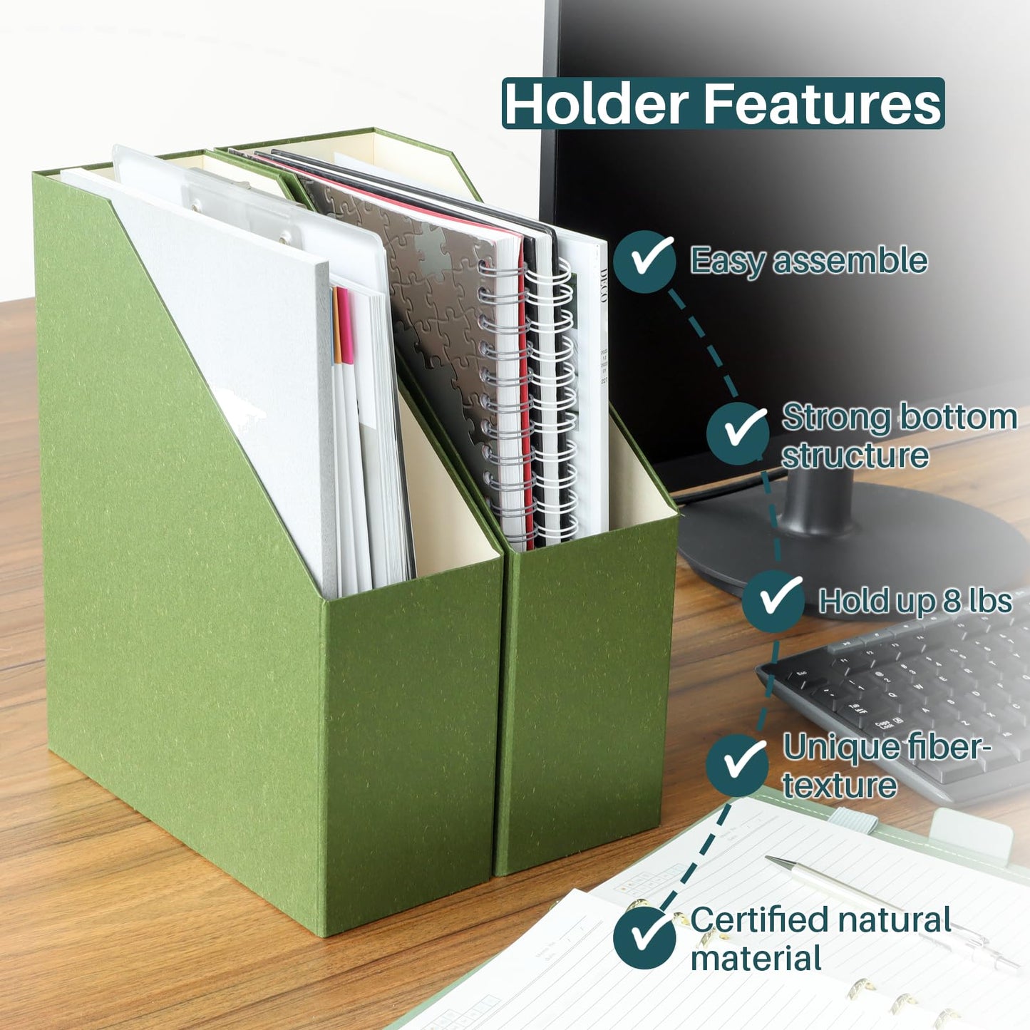 LifeSto Magazine Holder - File Holder and Desk Organizer, Cardboard Book Organizer and Storage Box for Documents, Magazine Holder Rack for Office, Home and Classroom (Leaf Green, 6-Pack)