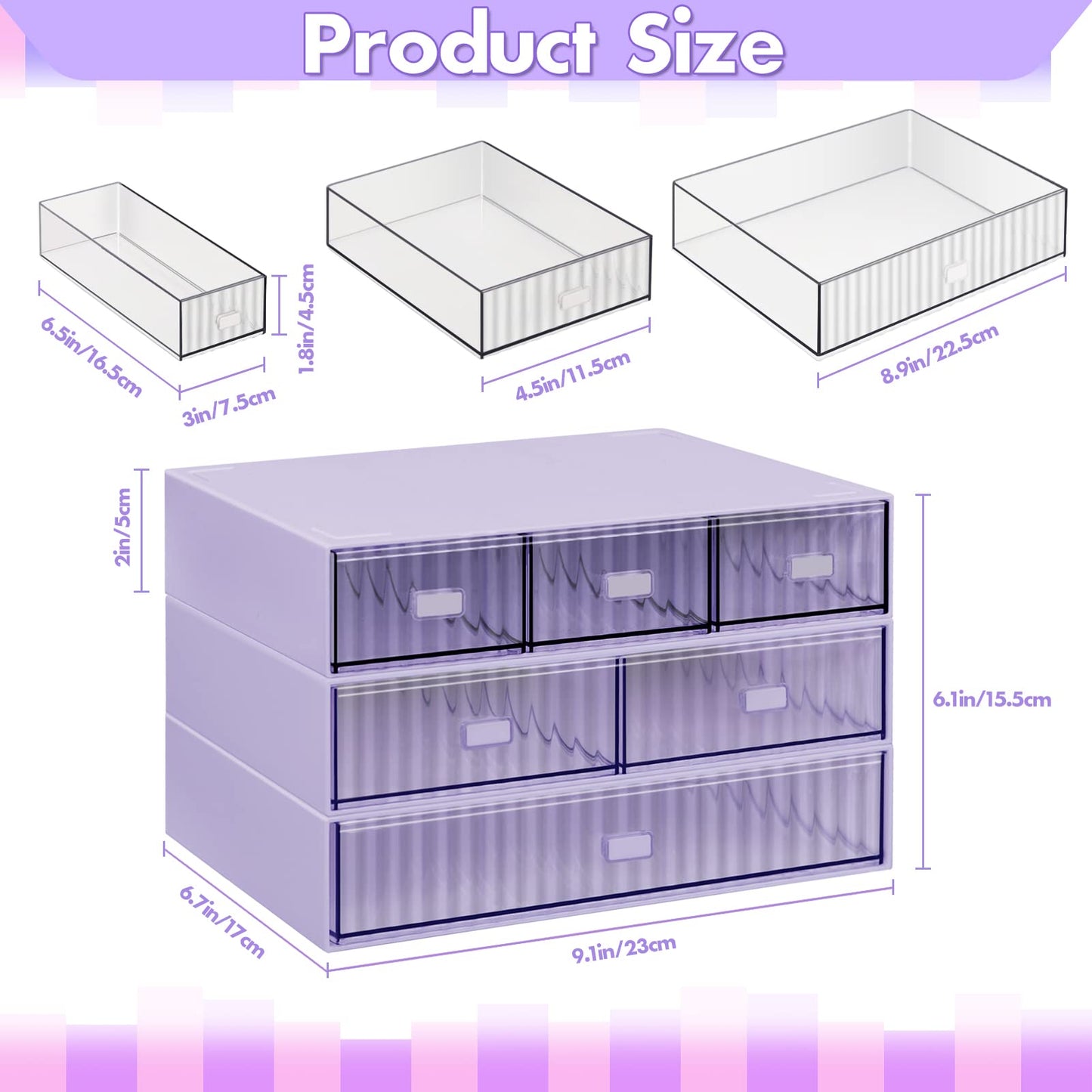 3 Tier Stackable Desk Organizer with 6 Drawers, Plastic Desktop Storage Box Drawers, Detachable Makeup Storage Office Stationery Supplies Organizer for Office School(Purple)