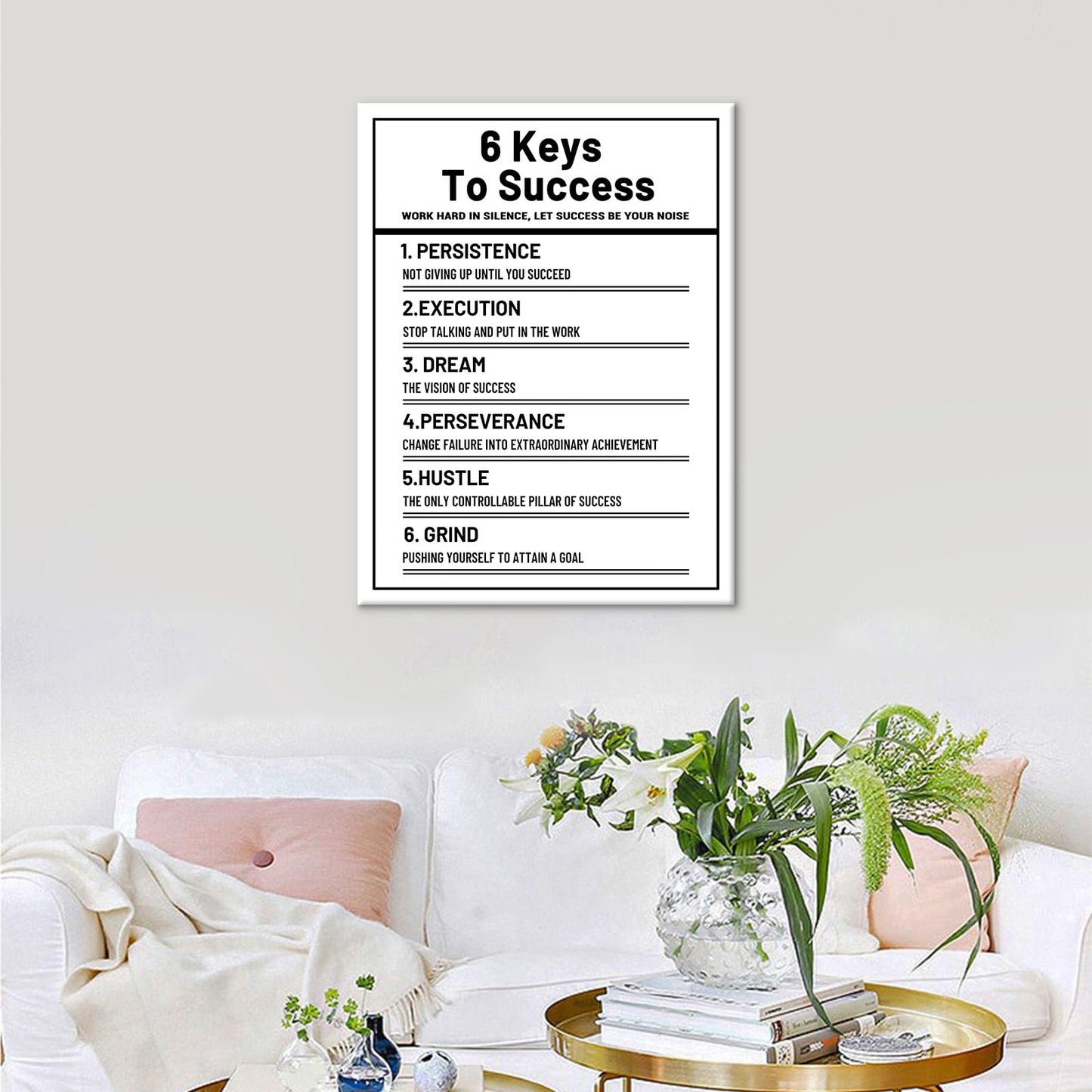 YSPCSUN Inspirational Wall Decor 6 Keys To Success Canvas Prints Framed Motivational Office Signs Work Hard In Silence Quote Art For Bedroom Living Room Entrepreneur Mindset 24x18 Inch Poster