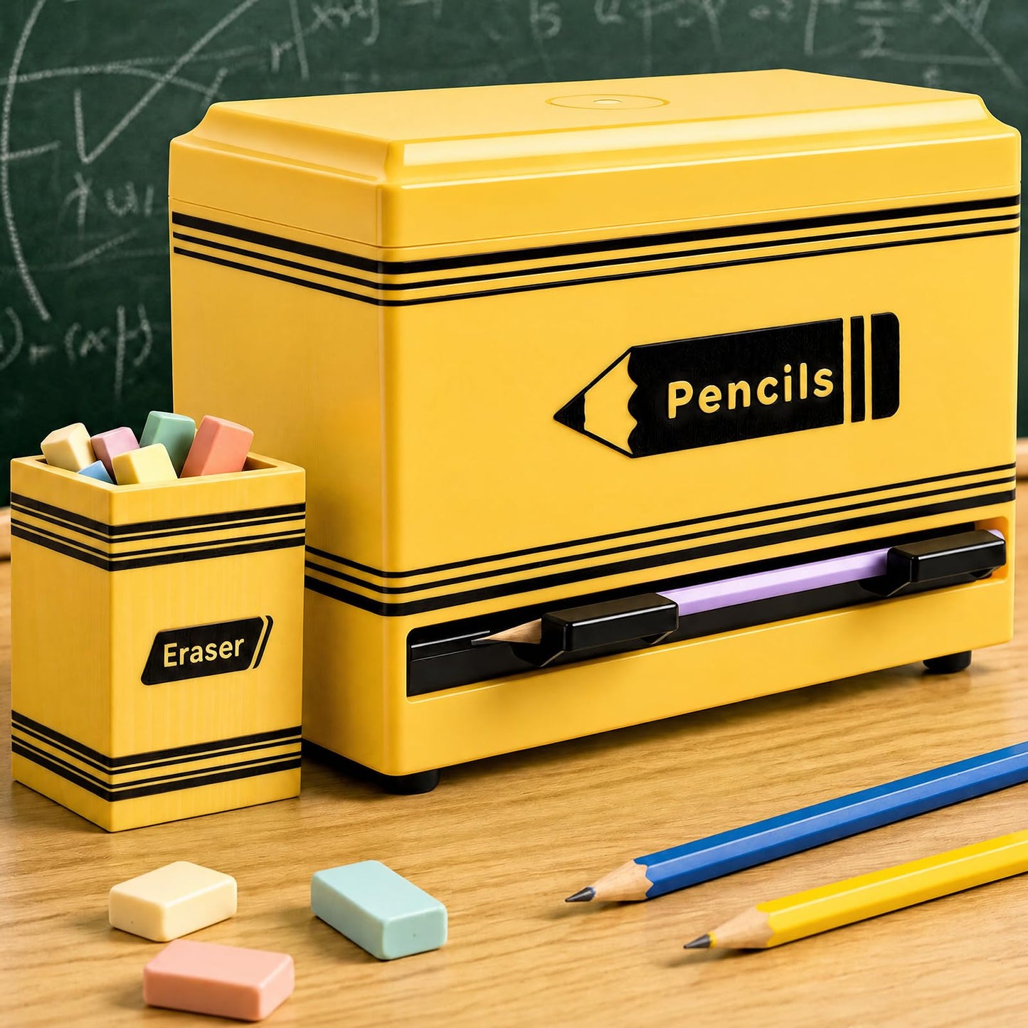 Gueevin 2pcs Pencil Dispenser for Classroom, Fun Desk Organizer with Eraser Holder, Interactive Pencil Storage for Teachers, Students & Homeschool Desk Organizer, Back to School Supplies(Yellow)