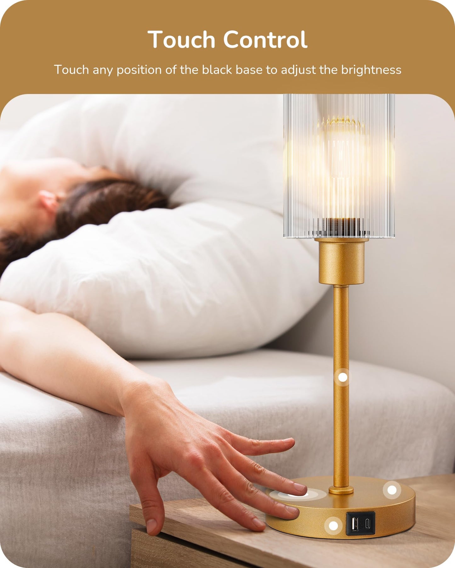 EDISHINE Glass Table Lamp - Touch Control, 3-Way Dimmable, USB C+A Ports, Striped Shade, Gold