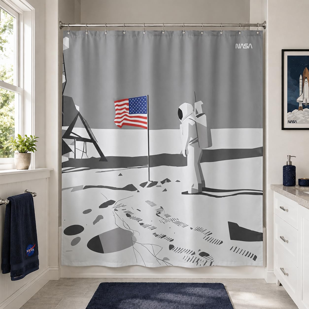 DRIFTED ROOT NASA Licensed Shower Curtain Set, Minimalist Moon Landing Astronaut Design, Space Poster Art, Oxford Cloth, Bathroom Hotel Decor (Silent Tranquility-Gray/White, 72" W x 72" L (Pack of 1))