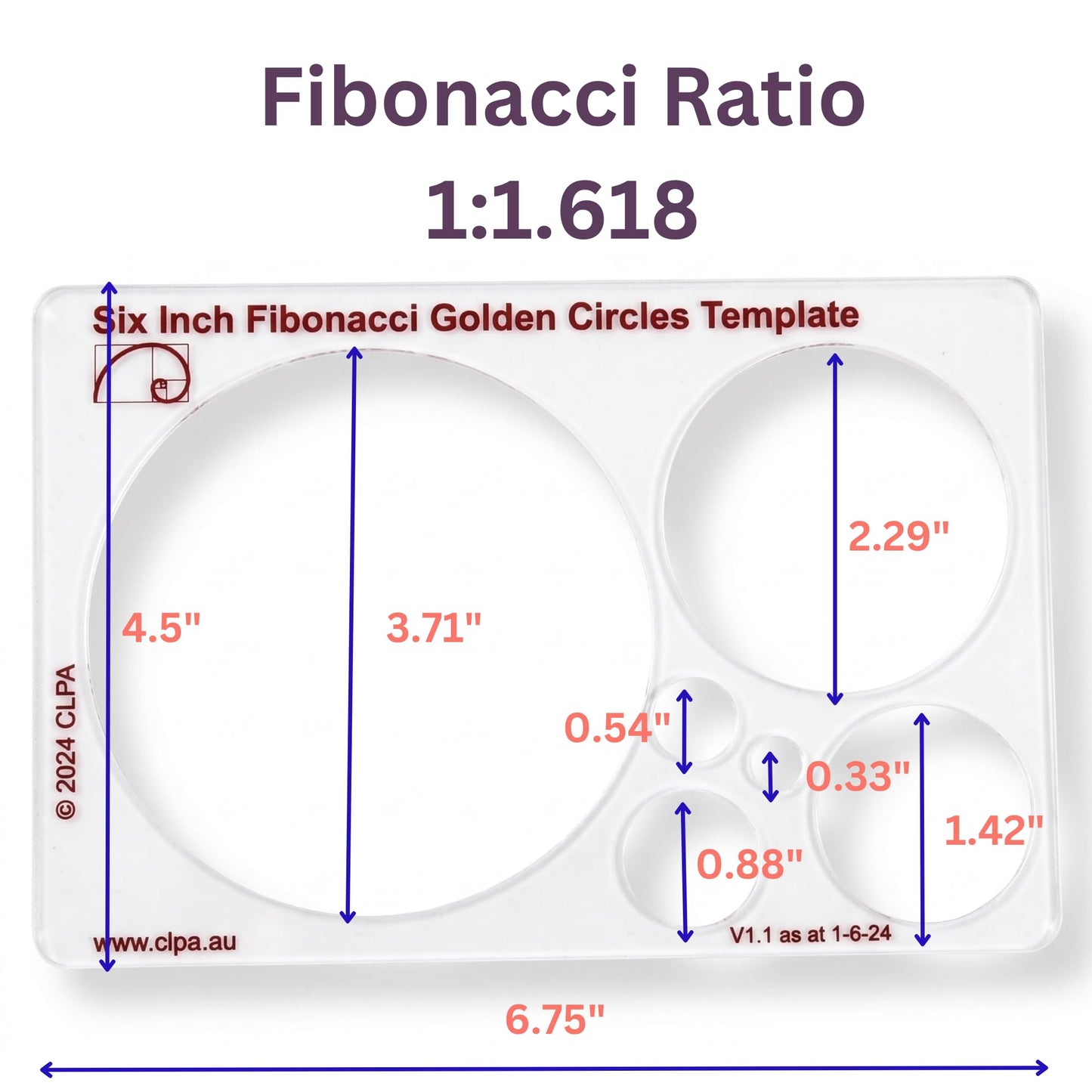 CLPA Fibonacci 3-Piece Template Set — 6" Circle, Star and Square | Golden Ratio Drawing Tools | Fibonacci Art, Quilting and Drafting Stencils | Clear PETG | Made in Australia