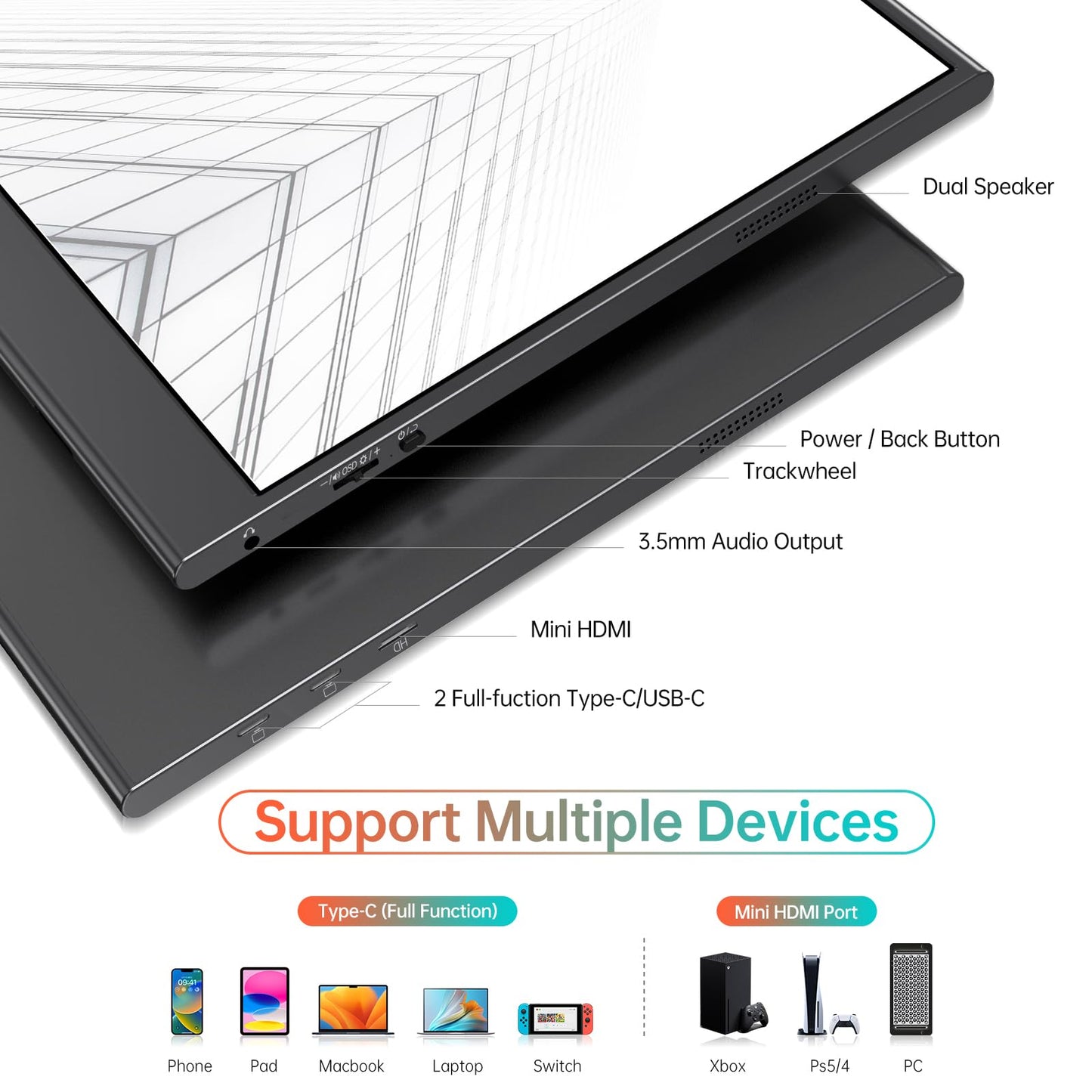 WGK 15.6 inch Portable Monitor 4K UHD 100%sRGB Travel Display HDMI/USB-C Compatible with Laptops, Desktops, Phones, PS, Mac, Xbox, Switch, and Other Gaming Devices Kickstand & Speakers VESA Mountable
