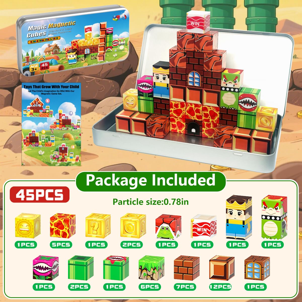 uMadeUs Magnetic Blocks Building Set - Puzzle Cubes as STEM Toys for Kids - Toddlers Sensory Construction Tiles - Ages 3+ Creative Educational Games for Boys and Girls - Mario 45pc in Tin Travel Box
