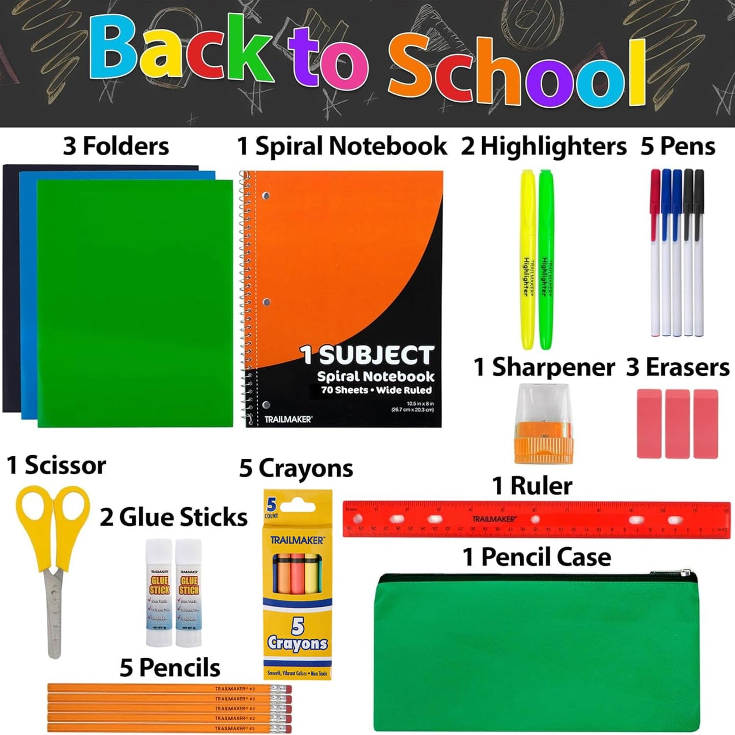 School Supplies Kit for Girls, Boys Back to School Supplies Bundle Pack 30 Piece School Supply Box Set for Kids Kindergarten, Elementary K-8 Includes Notebook, Folders, Pens, Pencils, and More