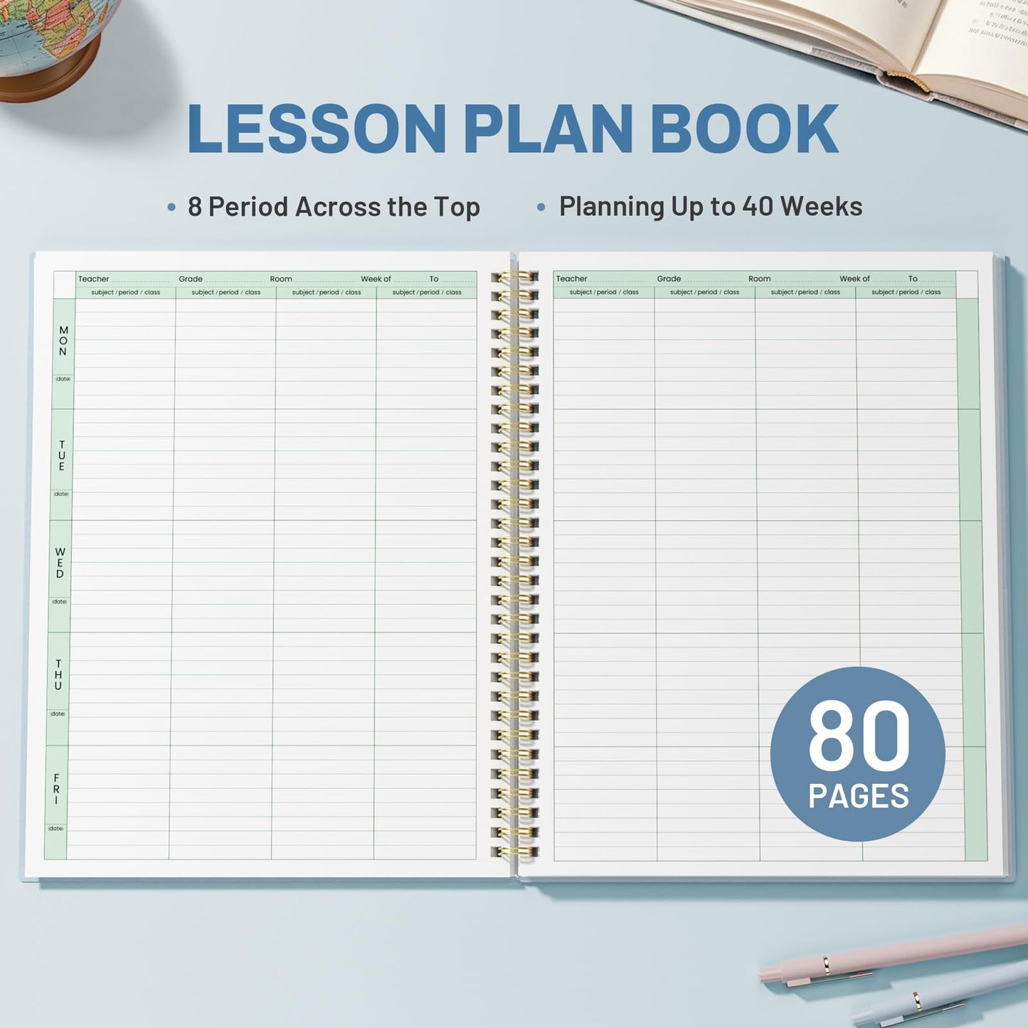 SUNEE 8 Period Teacher Lesson Plan Book - Days Vertically, Undated Teacher Planner 2026-2027 Academic Year, 8.5 x 11 Inch, 104 Pages/52 Sheets (40 Weeks), Waterproof Plastic Cover, Back Pocket, Blue