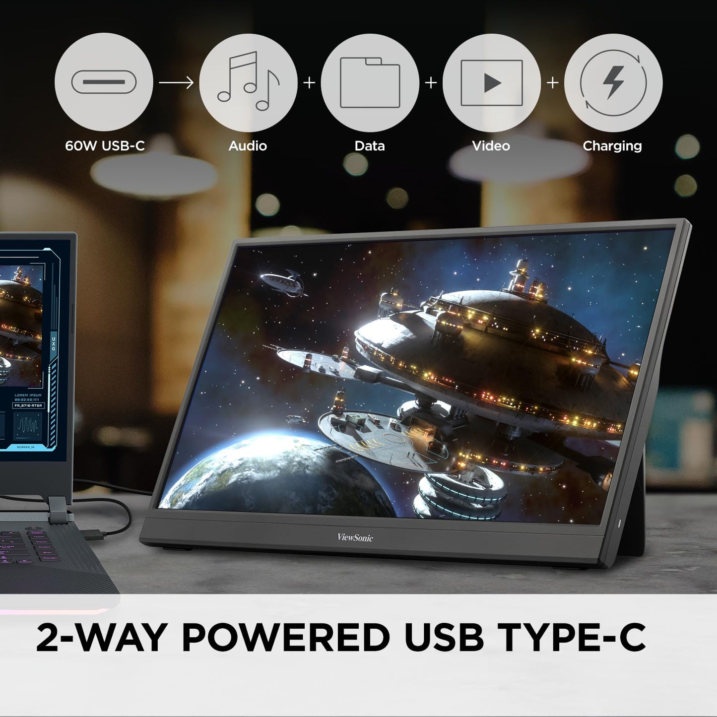 ViewSonic VX1654 16 Inch 1080p Portable Gaming Monitor, IPS Display with 144Hz for Smooth Mobile Workspaces and Fast-Action Gaming, Built-in Stand, 60W USB-C, and Mini HDMI Inputs