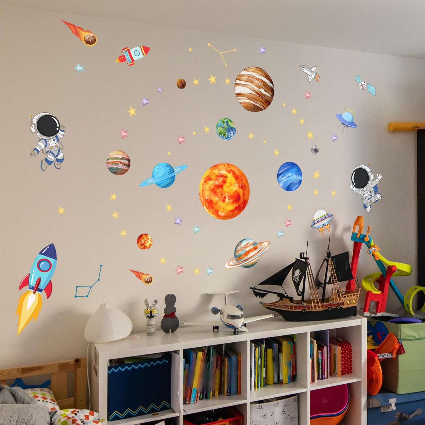Glow in the Dark Space Astronaut Wall Stickers Luminous Planets with Stars Decals Self-Adhesive Peel and Stick for Kids Room Nursery