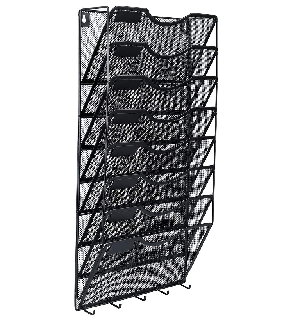 EasyPAG 8 Pocket Mesh Wall File Organizer with Key Hooks, Hanging Paper Folder Holder with Classify Label, Vertical Wall Mount Mail Organizer for Office Home Classroom, Black