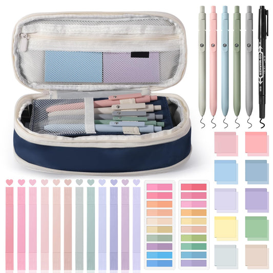 KOUDGY 49Pcs Book Annotation Kit - Aesthetic School Supplies with Cute Pen Case Highlighters Gel Pens and Marker, Sheets Transparent Index Tabs Sticky Notes Bible Study Supplies(Dark Blue)