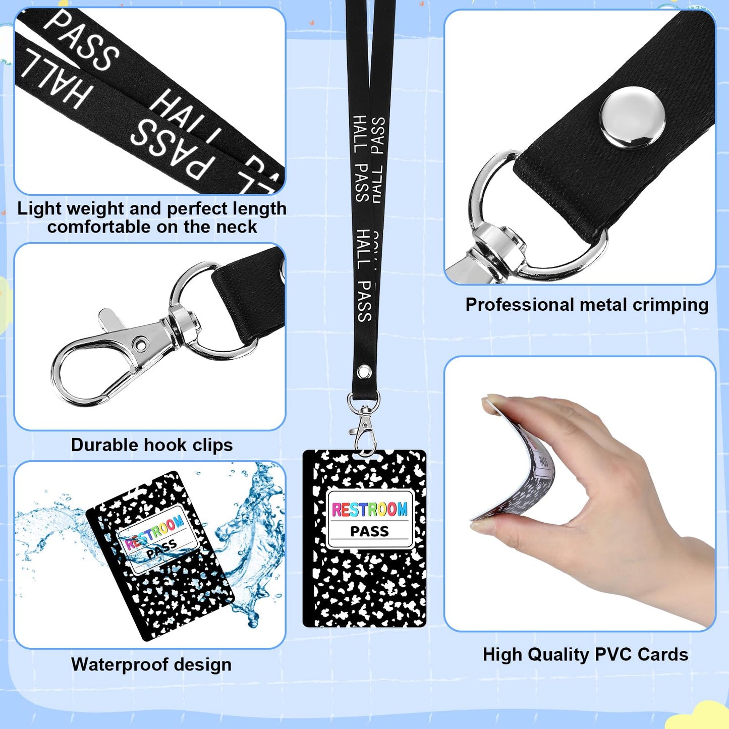 Fuyoooo 16 Set Composition Notebook Hall Pass Lanyards Unbreakable PVC Classroom Passes with Lanyards Bathroom Boy Girl Library Hall Office Nurse Pass for Elementary School Supplies