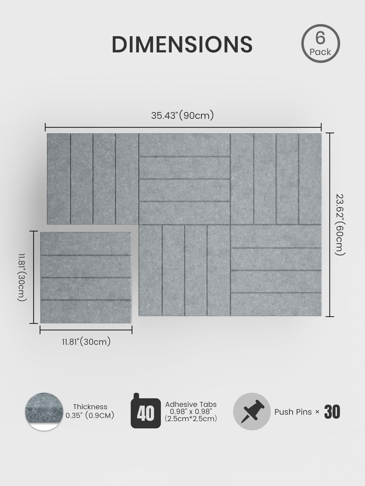 Bumusty Large Cork Board Alternative-36 x 24" Felt Bulletin Board Tiles, with 30 Pushpins, 40 Adhesive Tabs, Bold-Stripe 6-Pack, Cork Boards for Office Push Pin Board Felt Board-Blue Gray