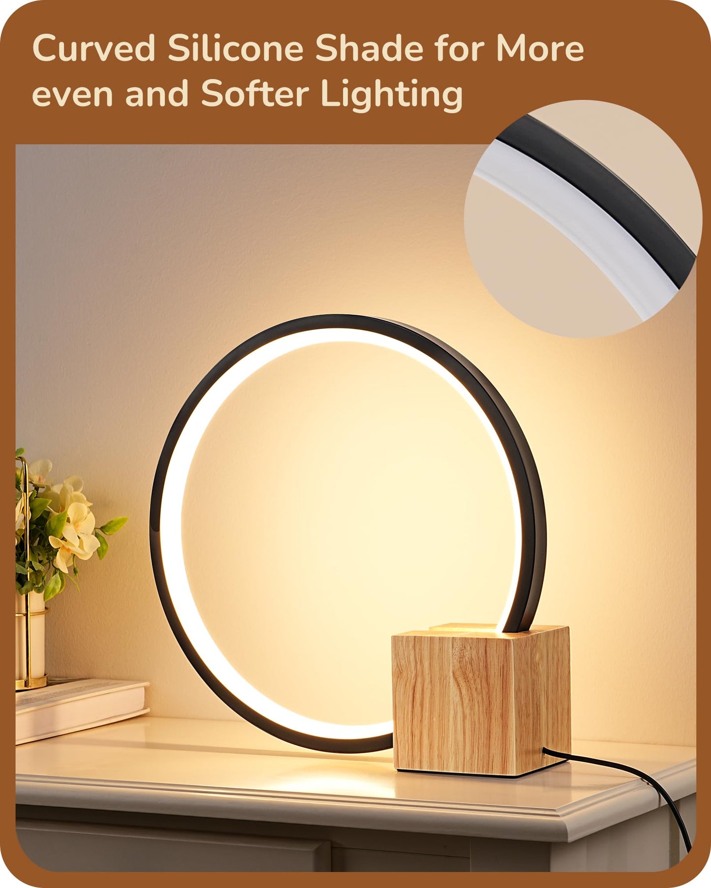 EDISHINE LED Table Lamp with Solid Wood Base, 3 Color Temperatures, 12W, 12inH x 11.8inW x 3.3inD, Black, Model HL