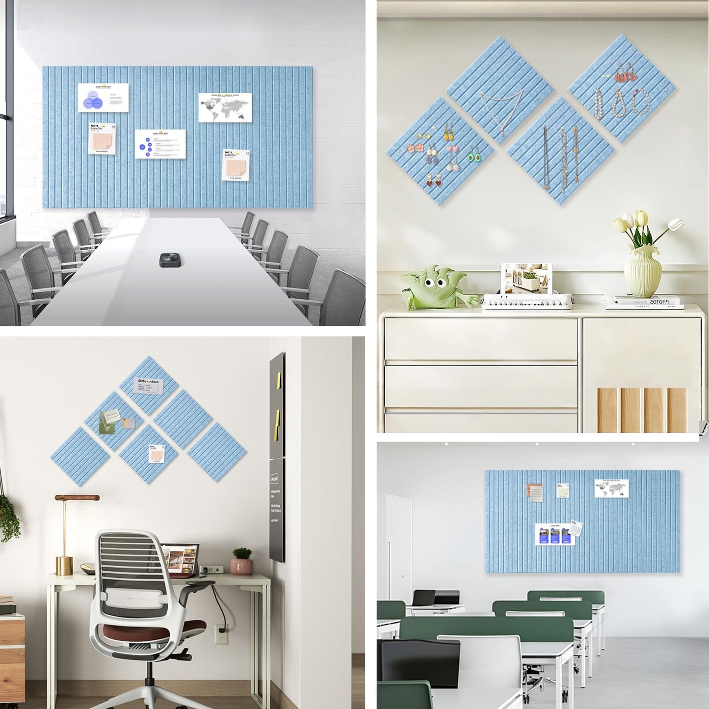 Large Cork Board for Office, 8 Pack Felt Wall Tiles with Slat Wall Paneling and Safe Removable Adhesive Tabs, Felt Bulletin Board Pin Board Cork Boards for Walls - Light Blue
