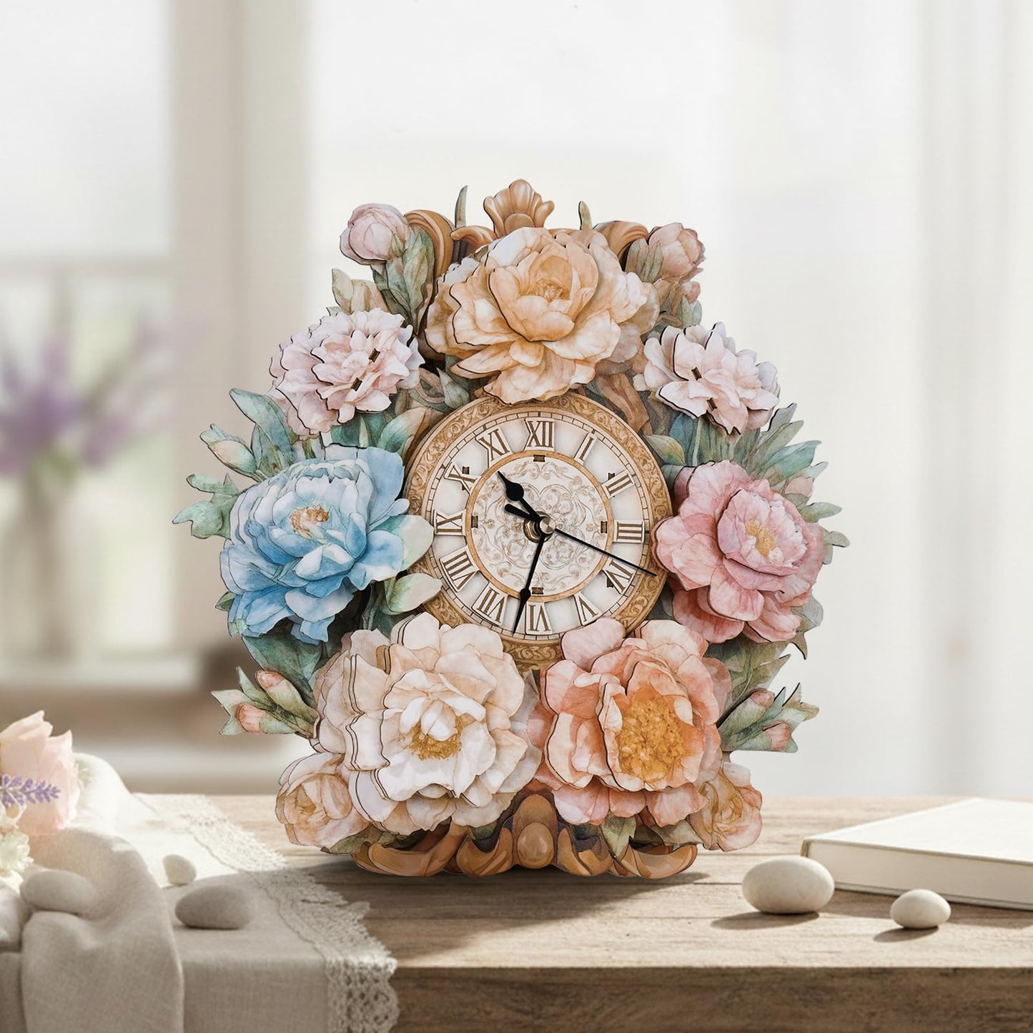 Rnfinewow 3D Wooden Puzzles for Adults, Flower Clock with Pendulum Model Kit, 3D Puzzles for Adults Room Home Decor DIY Wall Clock Kit, Holiday Birthday Christmas Day Gifts for Men Women