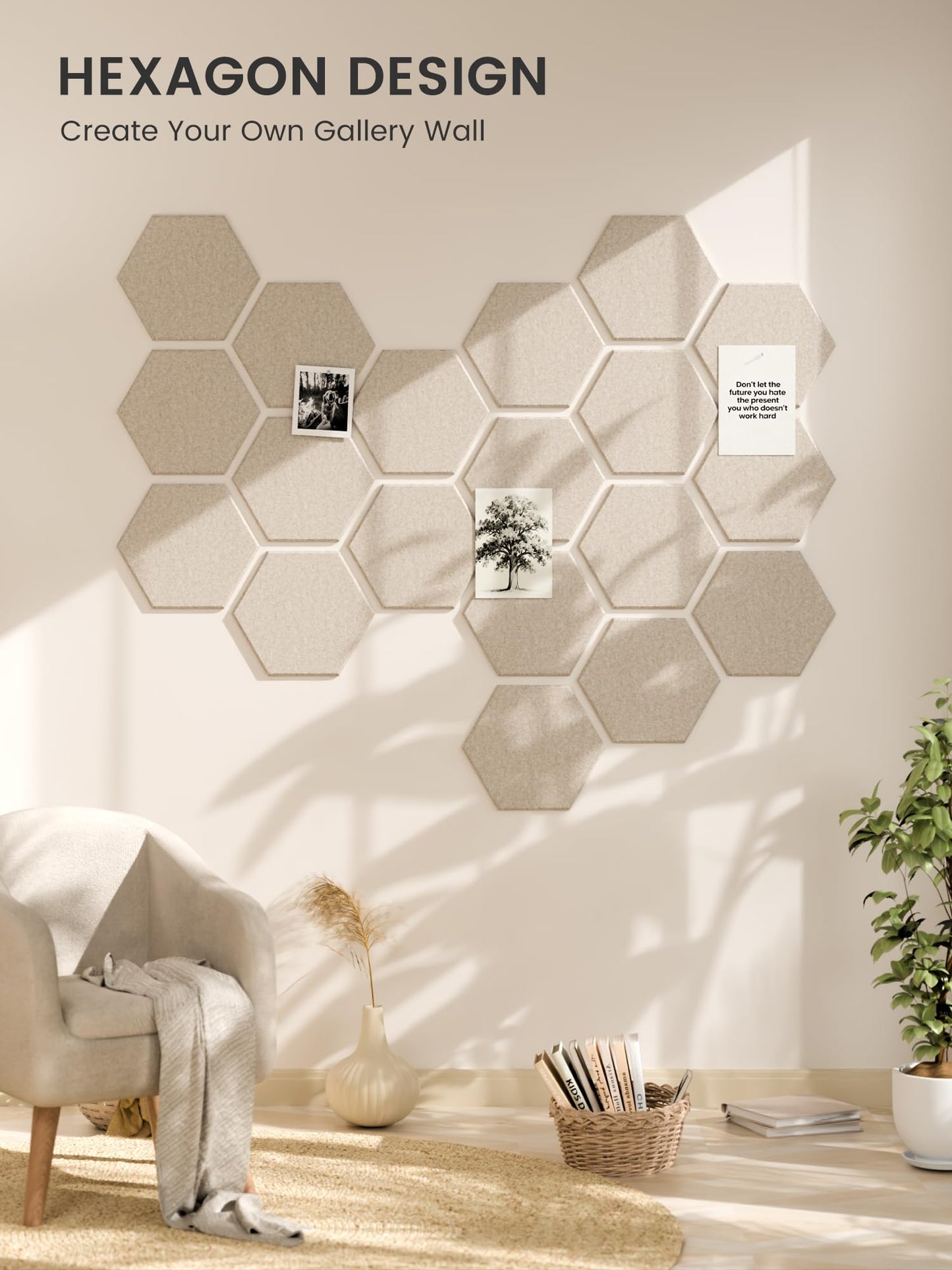 Fluxynara Hexagon Cork Board Alternative for Walls Decor-8-Pack Felt Bulletin Board Tiles,with 30 Pushpins,50 Adhesive Tabs for Office,Classrooms & Home Pin Board Felt Board-Oatmeal
