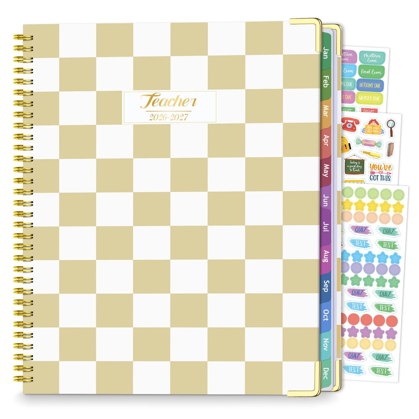 eacher Planner 2026-2027, Jul 2026-Jun 2027 Academic Year, 8.5" x 11" Lesson Planner Book for Teacher Calendar, Spiral Bound Planners, Colorful Monthly Tabs, Planning Stickers, YellowCheckered