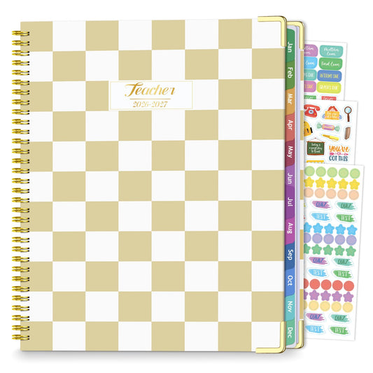 eacher Planner 2026-2027, Jul 2026-Jun 2027 Academic Year, 8.5" x 11" Lesson Planner Book for Teacher Calendar, Spiral Bound Planners, Colorful Monthly Tabs, Planning Stickers, YellowCheckered