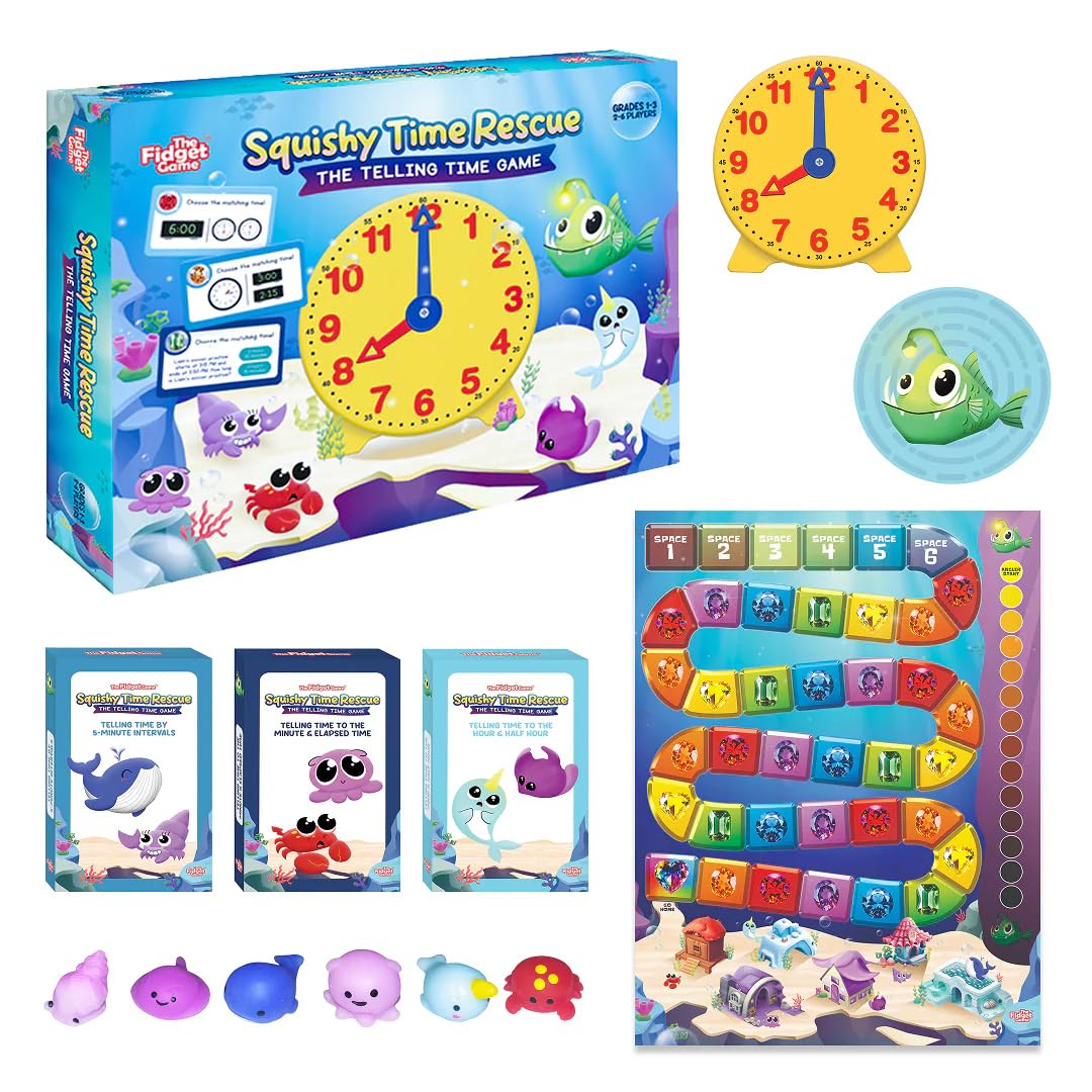 The Fidget Game Squishy Time Rescue - Telling Time Game for Kids Ages 6-11 | Multisensory Hands-On Learning Board Game with Manipulatives | Classroom Must Have for Grades 1-5
