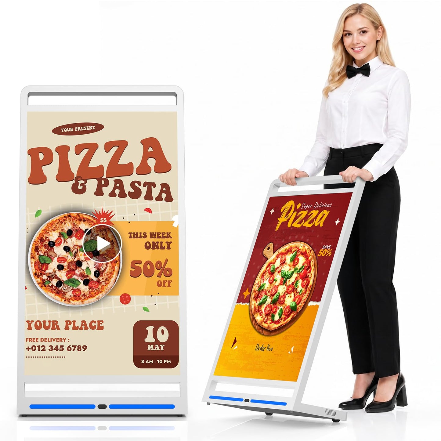 SIOXCFZ 43 Inch Portable FHD Digital Signage Displays, Impact-Resistant Screen Foldable Digital Display Kiosk, Smart LCD Split Screen, Free CMS, Movable Advertising Poster with Advanced Android 14 OS