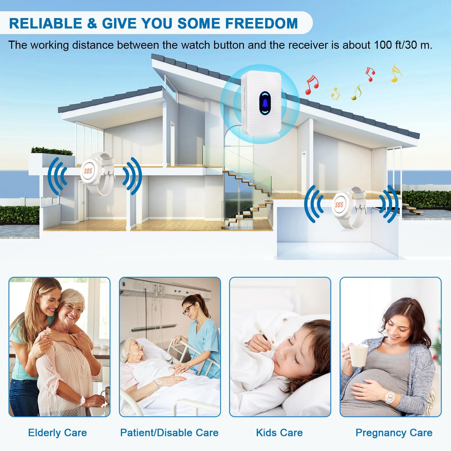 Daytech Wireless Caregiver Pager Call Button for Elderly at Home, Alert Button for Seniors, Emergency Watch for Disabled Patient, Caregiver Alert System with 3 Receiver, Medical Help Button