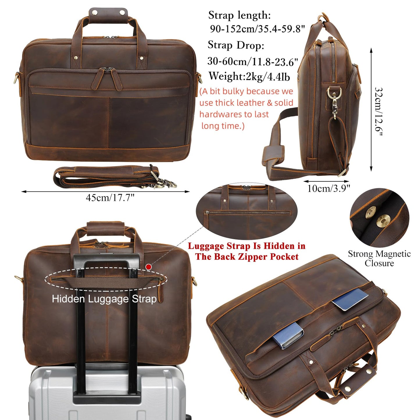 Masa Kawa Leather Briefcase for Men 17" Laptop Shoulder Messenger Bag Vintage Brown Business Travel Work Lawyer Attache Case,Large