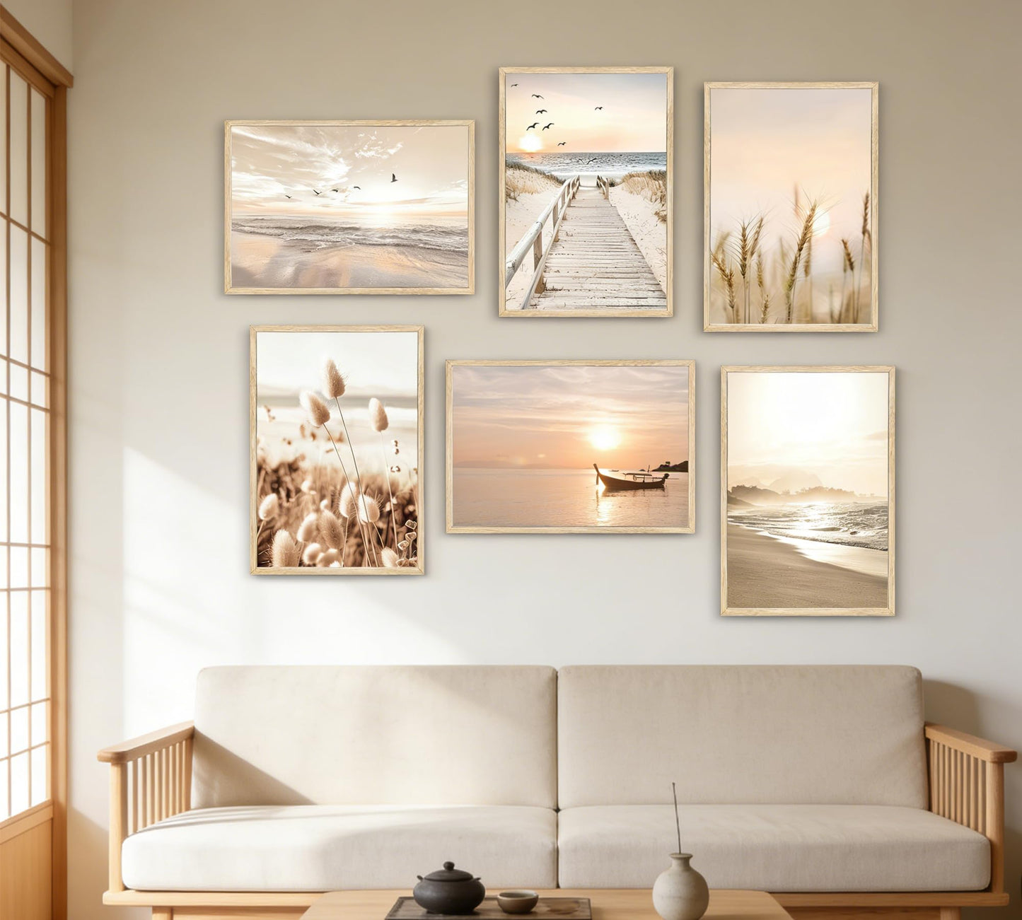 Beach Wall Art Boho Coastal Wall Decor, Neutral Beige Ocean Beach Pictures Wall Art, Set of 6 Minimalist Nature Grass Prints for Bedroom Bathroom Living Room, Unframed Canvas Posters 12x16in