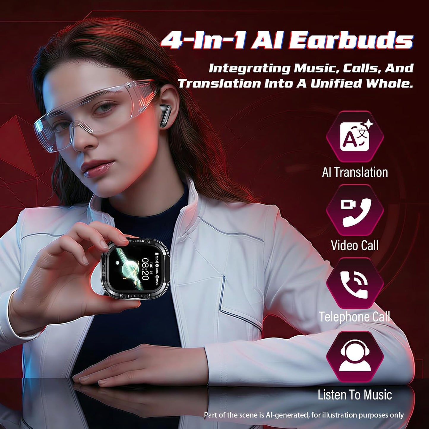 NE70 Earbuds, AI Translation Earbuds Real Time Support 165 Languages, Language Translator Headphones with LCD Touch Screen & Anti-loss, No Subscription, 7 Translation Modes for Travel Business- White