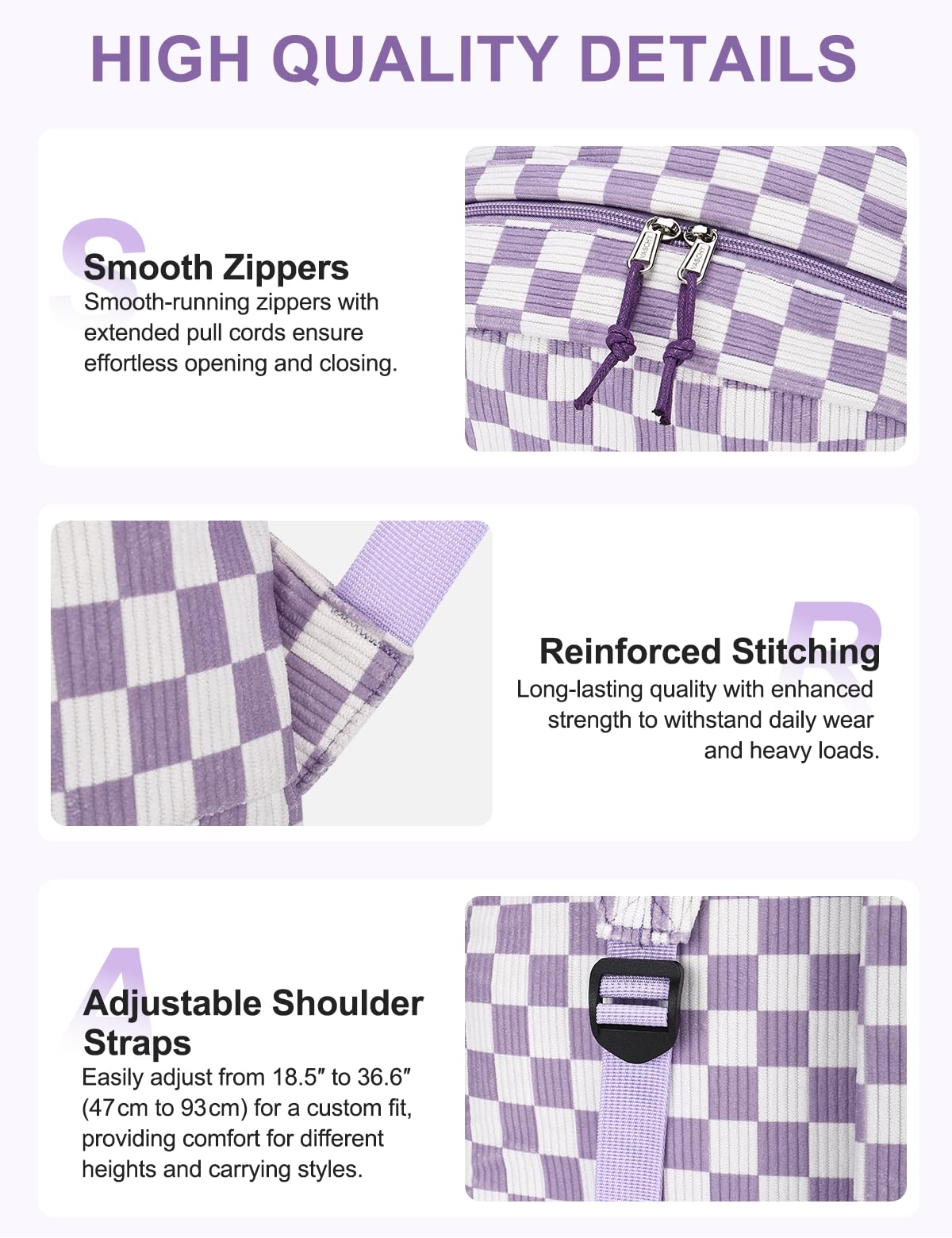 VASCHY Corduroy Backpack for Girls, Lightweight School Bag for Elementary, Middle & High School, Teen Bookbag, Women’s Casual Travel Daypack Purple Plaid