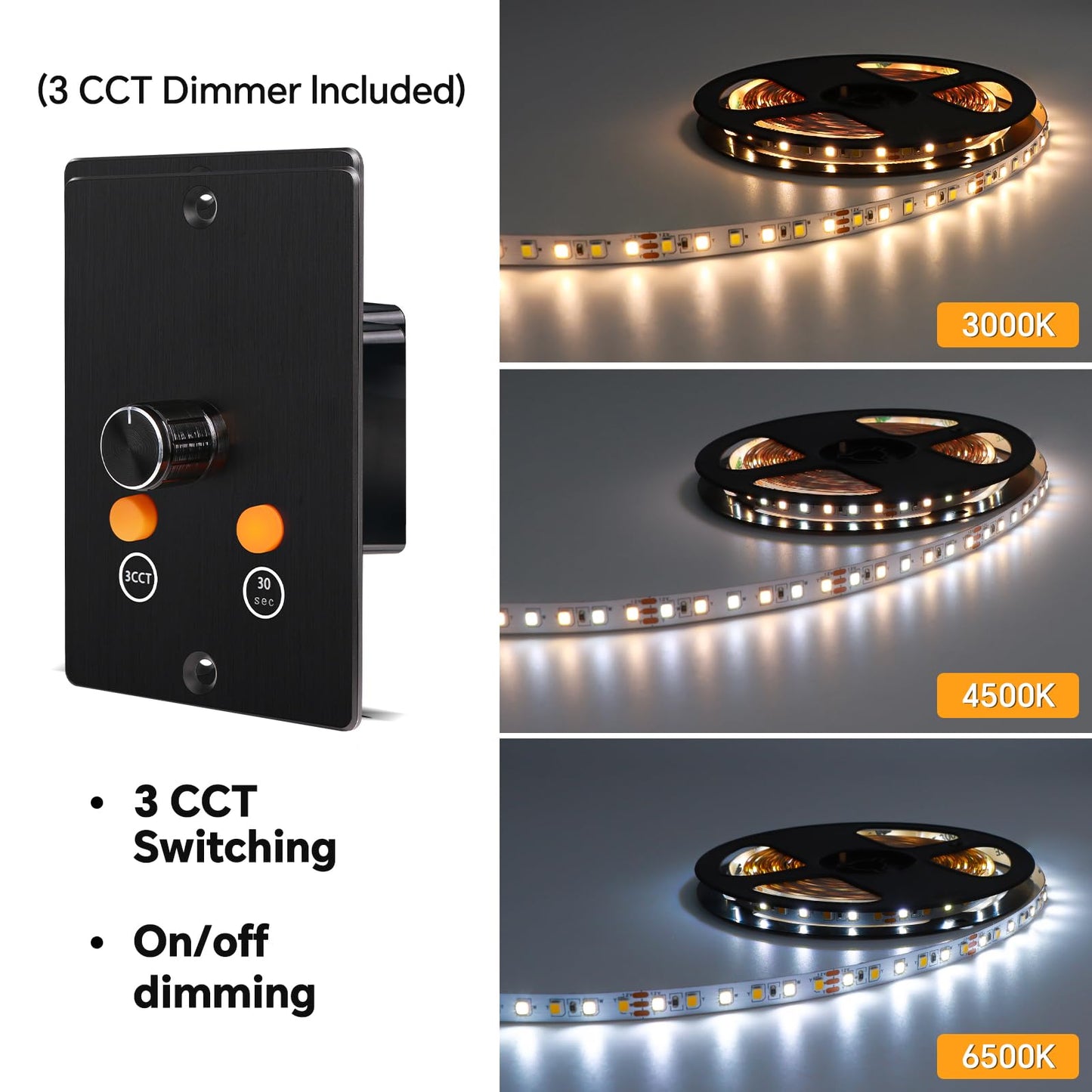 Obeaming 3CCT Flexible LED Strip Light Kit, 16.4ft, 12V Dimmer, CCT Changeable (3000K/4500K/6000K