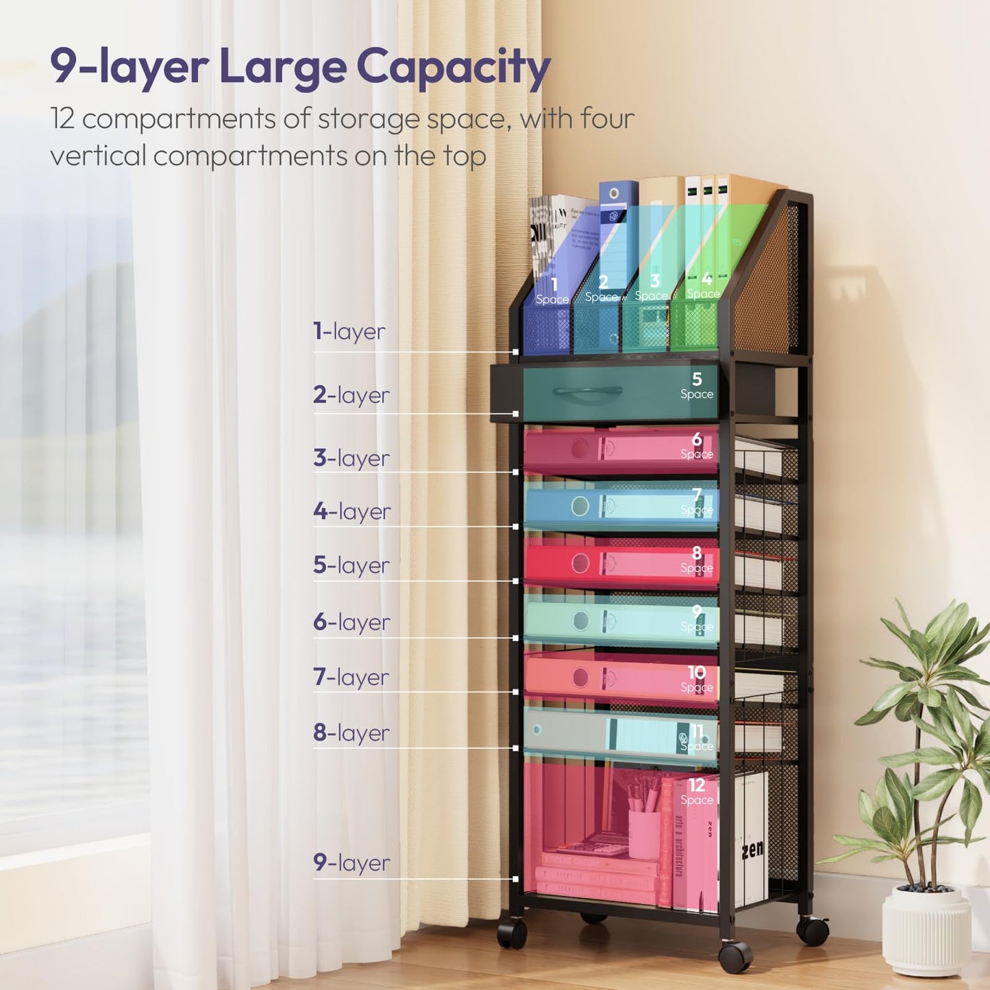 SWTYMIKI 9-Tier Rolling File Cart - Paper Organizer with Drawer and Trays, Wood Desk Office Organizer, Office Organization and Binder Storage for Workspace, Home, School, Black