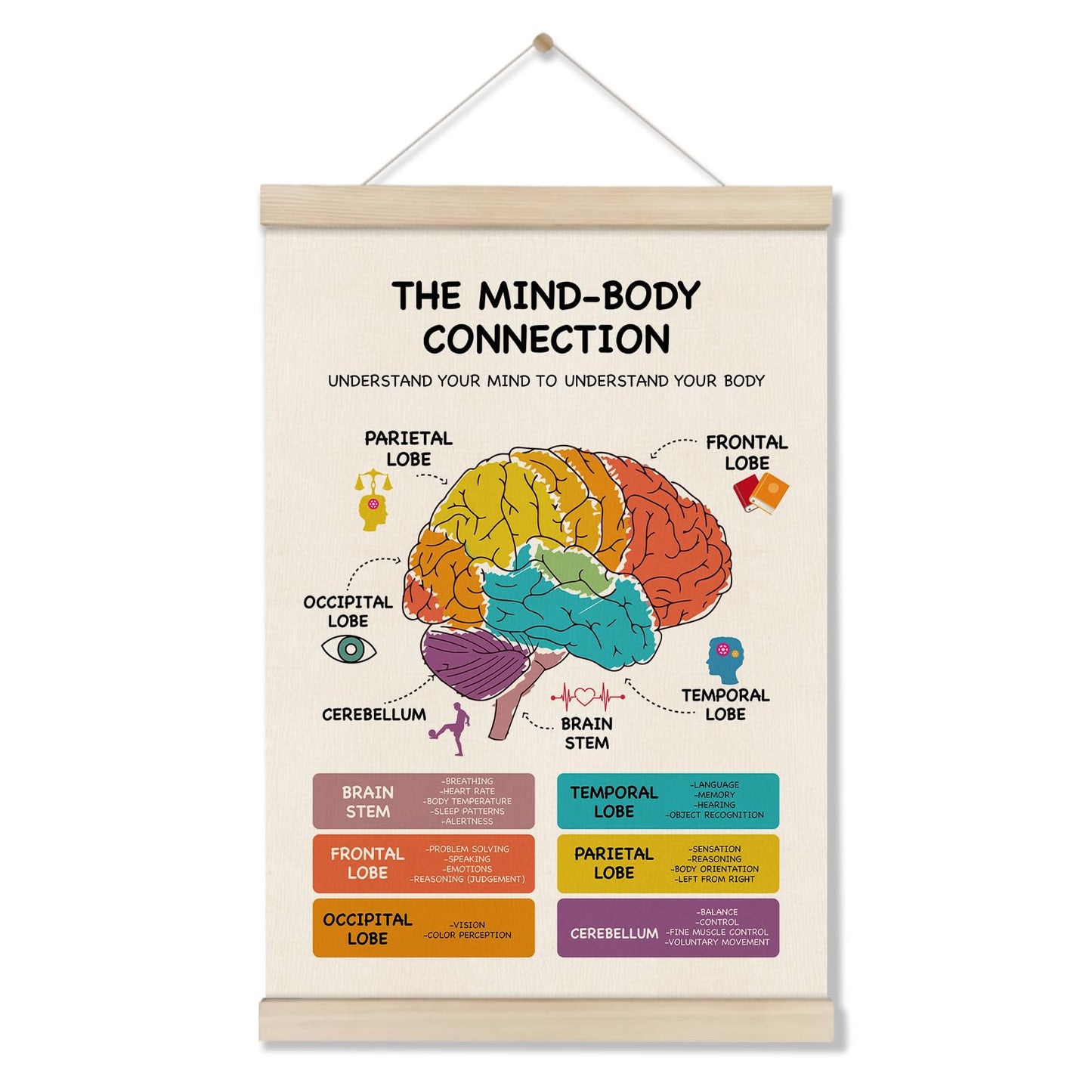 Mental Health Poster Hanger Frame, Brain Anatomy Posters, Therapy Office Decor, School Counselor Office Decor, Mind Body Connection Artwork for School 16x12 Inch, Stress Management Canvas Wall Art