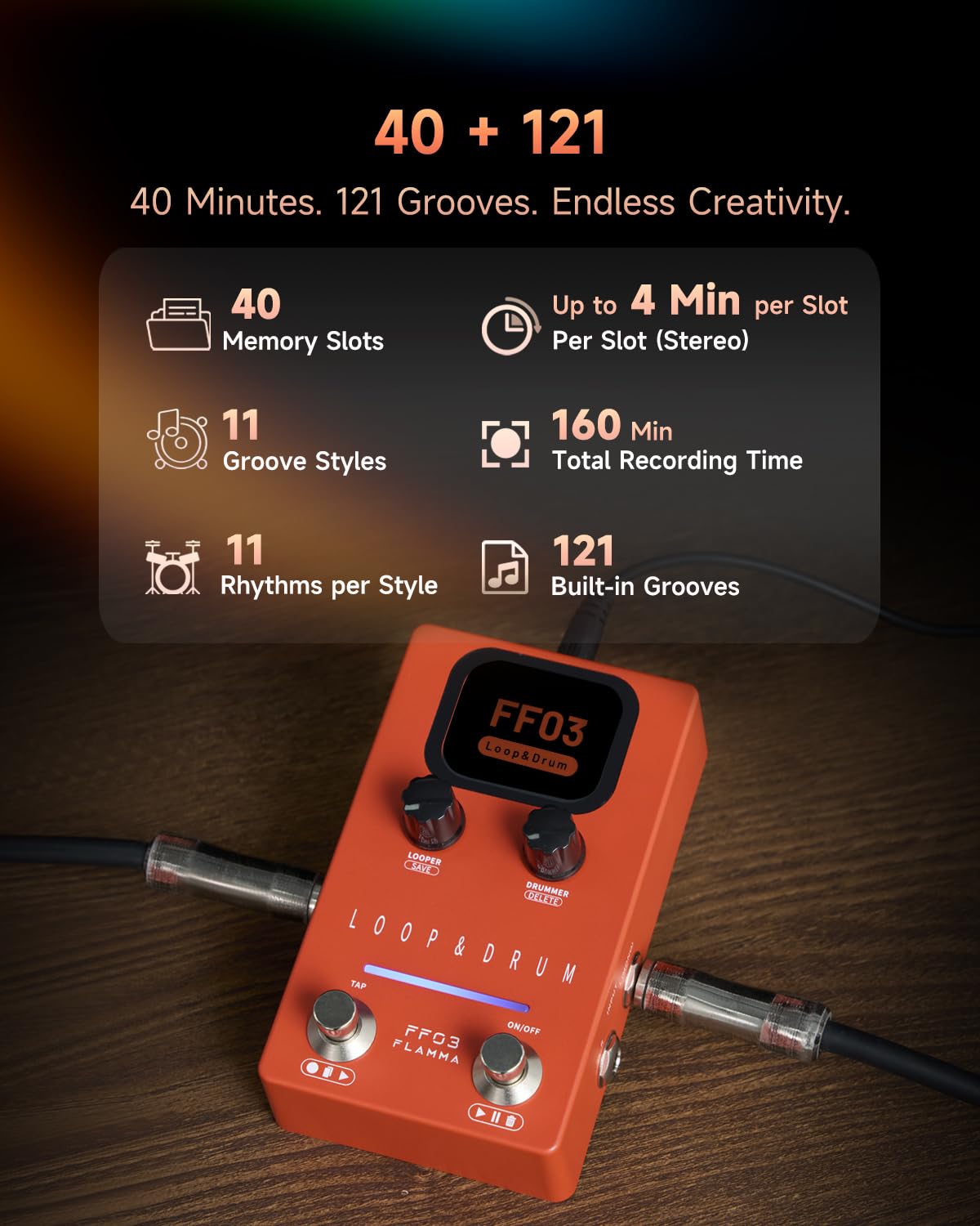 FLAMMA FF03 Looper Pedal Drum Machine, Drum Looper Guitar Pedal with LED Indicators, 160 Min Recording, 121 Drum Grooves, 40 Loop Slots, Undo/Redo, Fade Out, Sync Mode, USB & Headphone Out