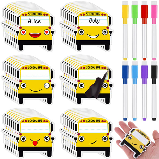 48Pcs School Bus Magnetic Name Tags with 8Pcs Maker Pens Reusable Magnetic Dry Erase Labels Sets for Whiteboard Classroom School Bus Locker Fridge Home