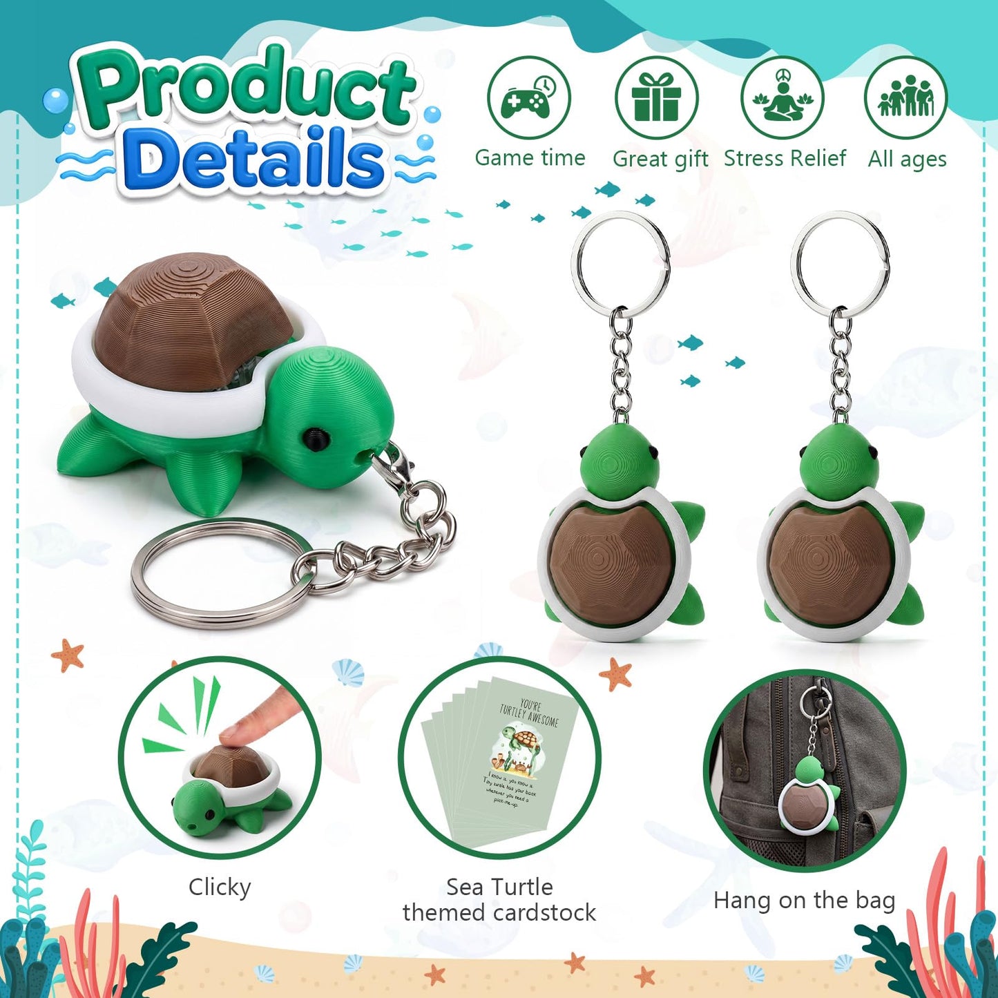 Junkin 24 Set Turtle Fidget Clicker Keychain 3D Printed Turtle Sensory Clicker Keychain Stress Relief with Inspirational Cards Employee Appreciation Gifts for Graduation Adult Coworkers Staff Team