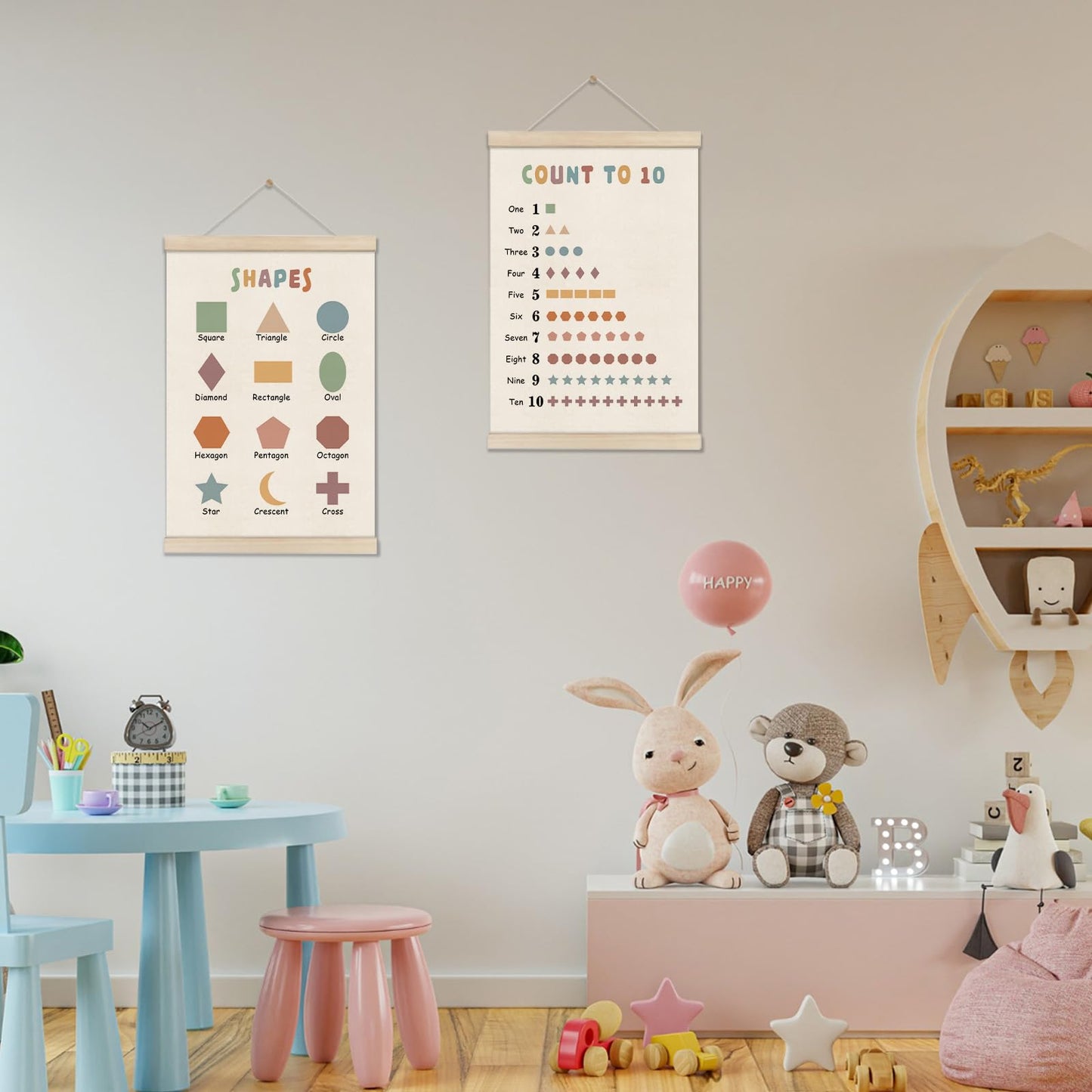 DOI-LANEE Shapes Numbers Posters Hanger Frame, Learning & Educational Posters for Toddler Kids 16x12 Inch, Boho Classroom Decor, Montessori Nursery Wall Art, Set of 2 Playroom Decoration