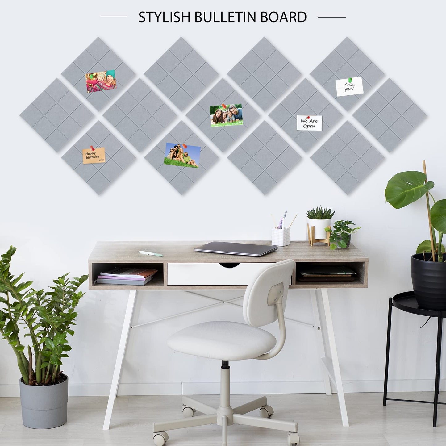 BXI Felt Bulletin Board - 12 X 12 X 0.4 Inches 6 Pcs Self-Adhesive Poster Cork Board with 30 Push Pins, Thick Pin Tiles Display Vision Board, Photo Picture Panels for Home Office Classroom Walls